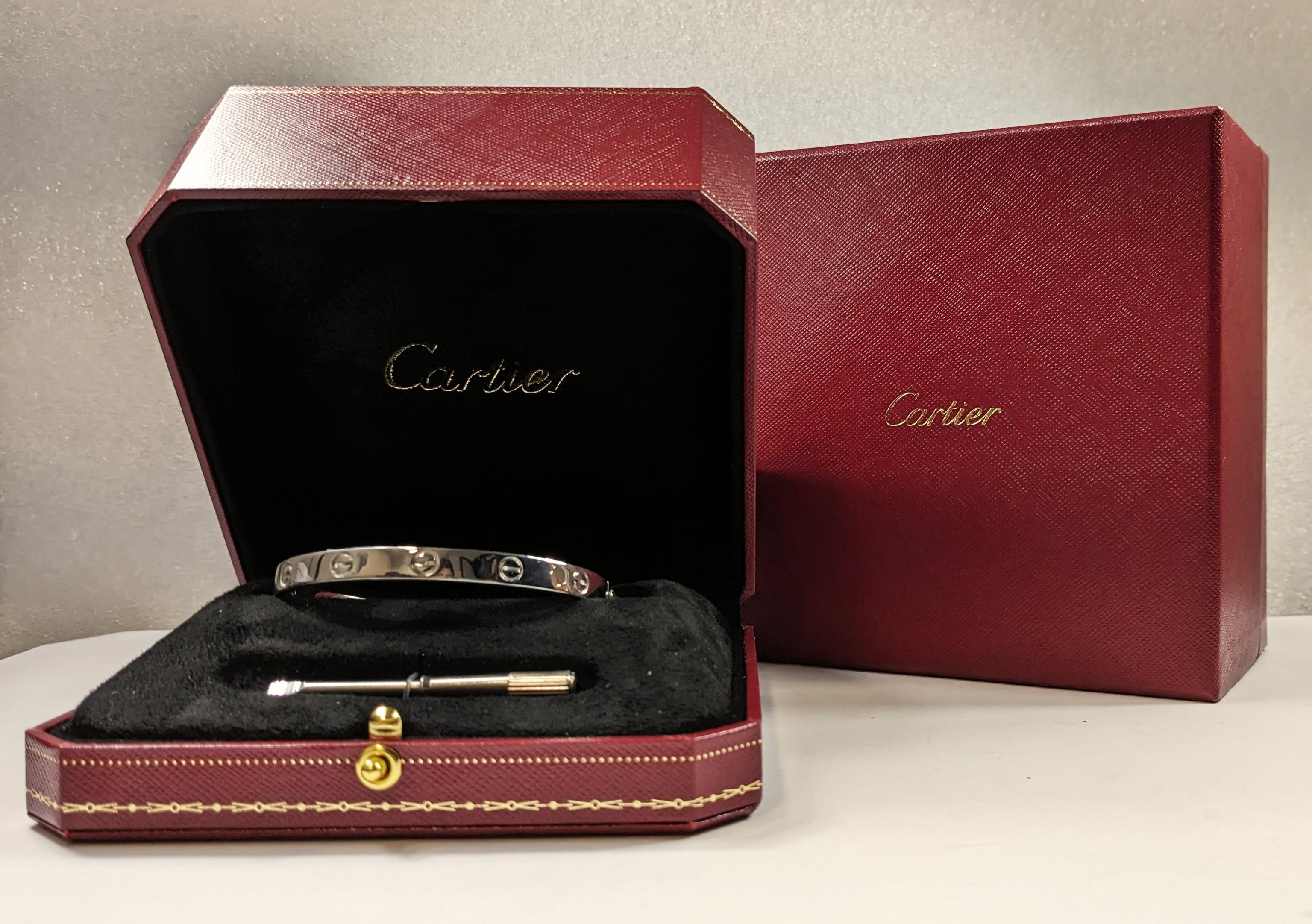 Cartier Vintage Large Love Bracelet 18k white Gold with Box and Screwdriver For Sale 4