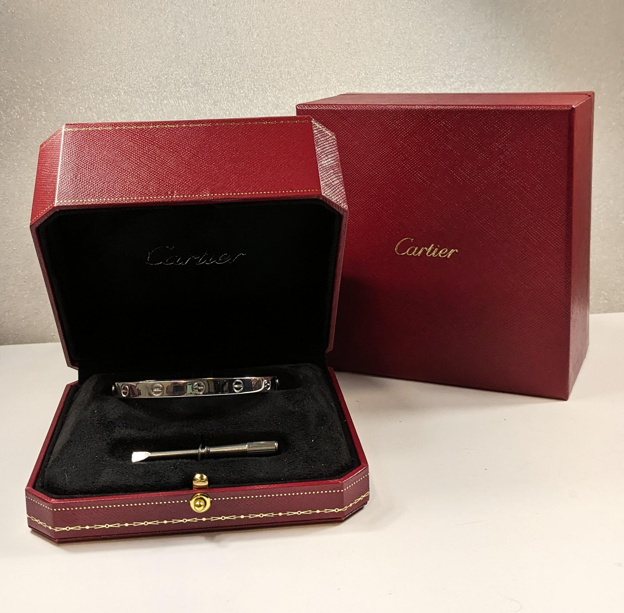 Cartier Vintage Large Love Bracelet 18k white Gold with Box and Screwdriver For Sale 5
