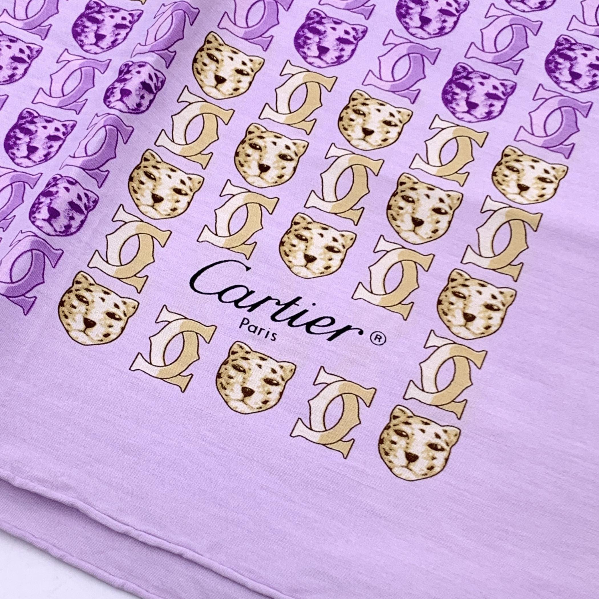 Purple Cartier Vintage Lilac Yellow Logos and Leopard Cotton Small Scarf For Sale