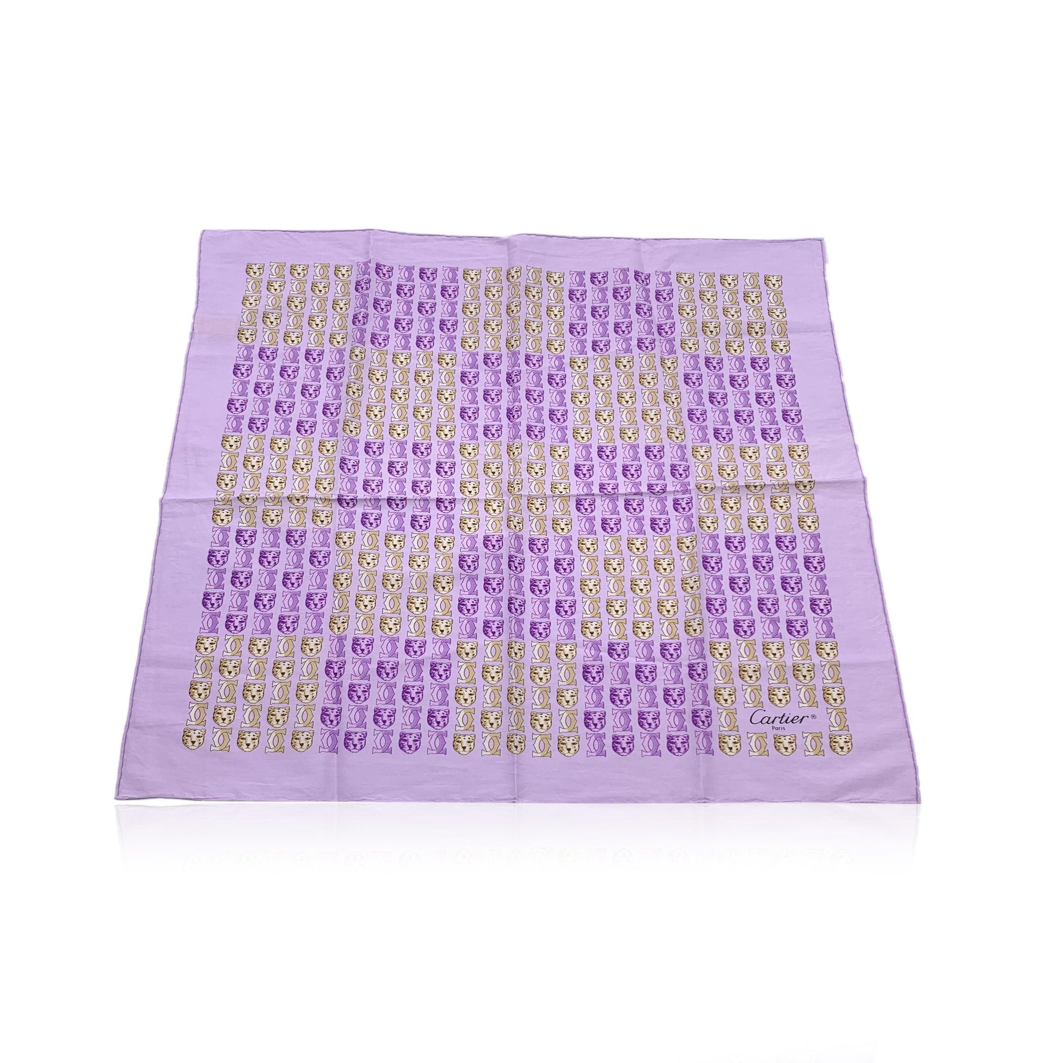 Women's or Men's Cartier Vintage Lilac Yellow Logos and Leopard Cotton Small Scarf For Sale