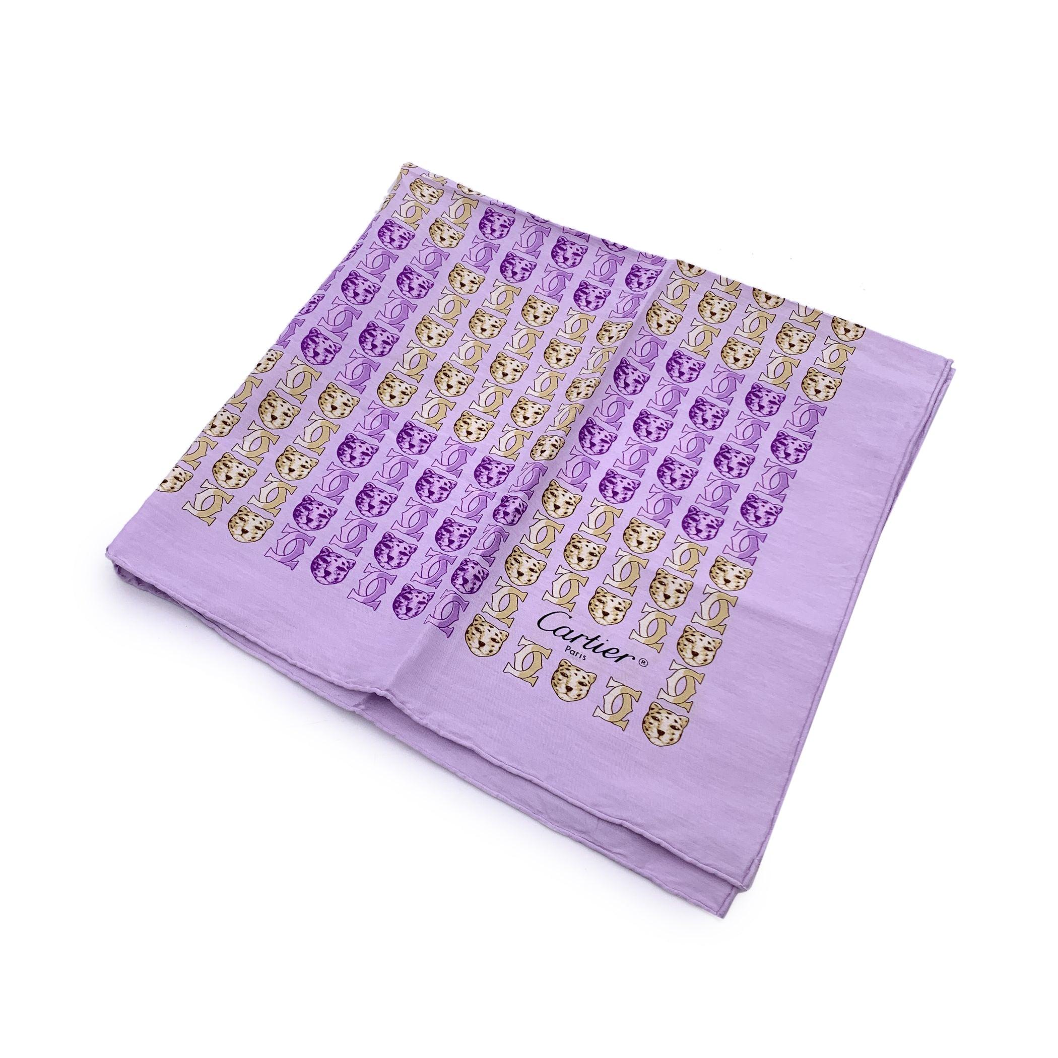 Cartier Vintage Lilac Yellow Logos and Leopard Cotton Small Scarf For Sale 1