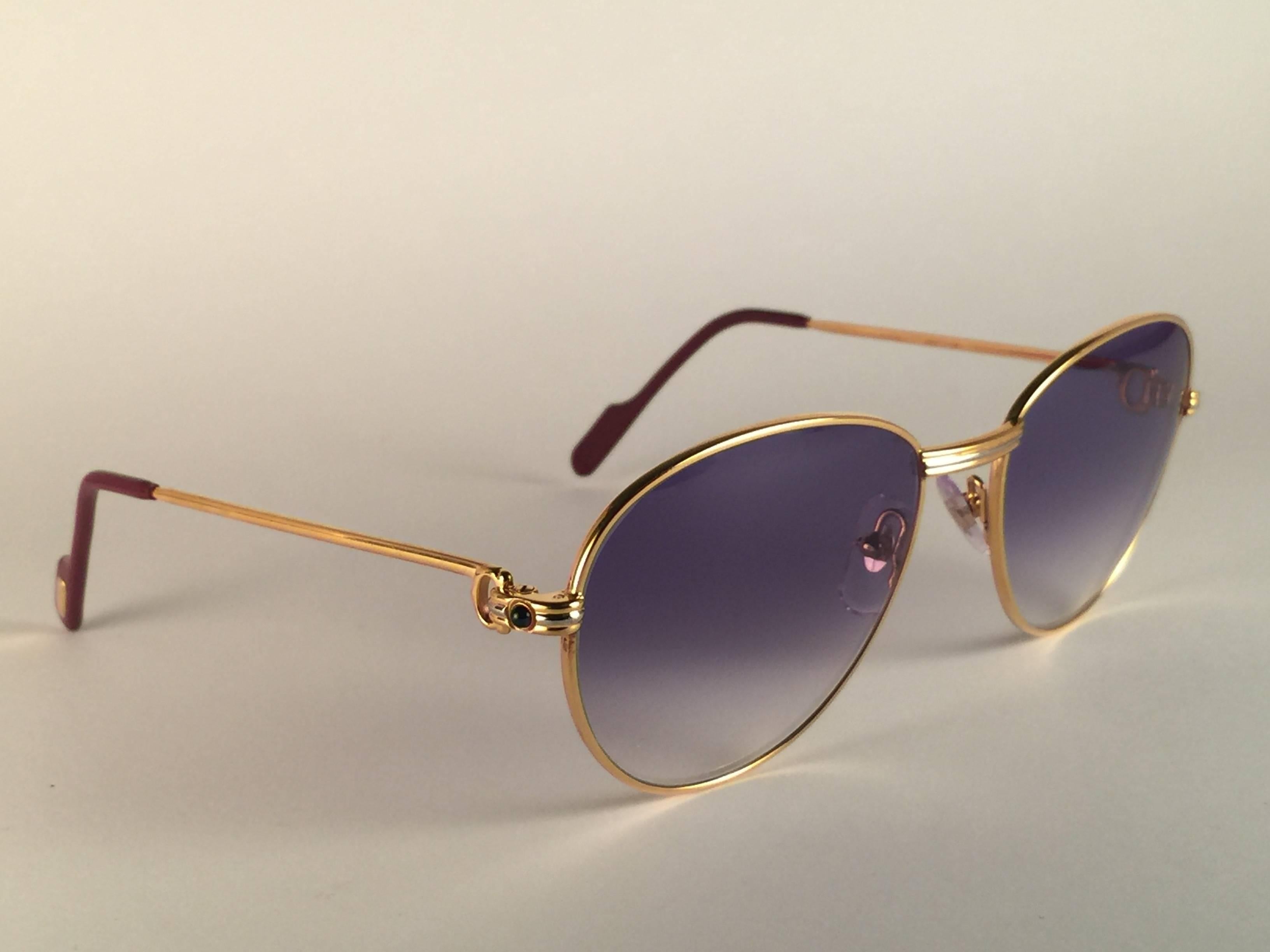 Women's or Men's Cartier Vintage Louis Sapphire 55mm Heavy Gold Plated Sunglasses, France