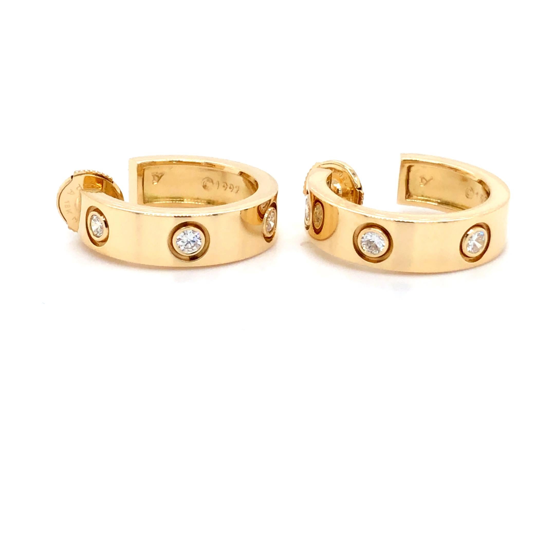 Round Cut Cartier Vintage Love Collection 6-Diamond 18k Yellow Gold Hoop Earrings