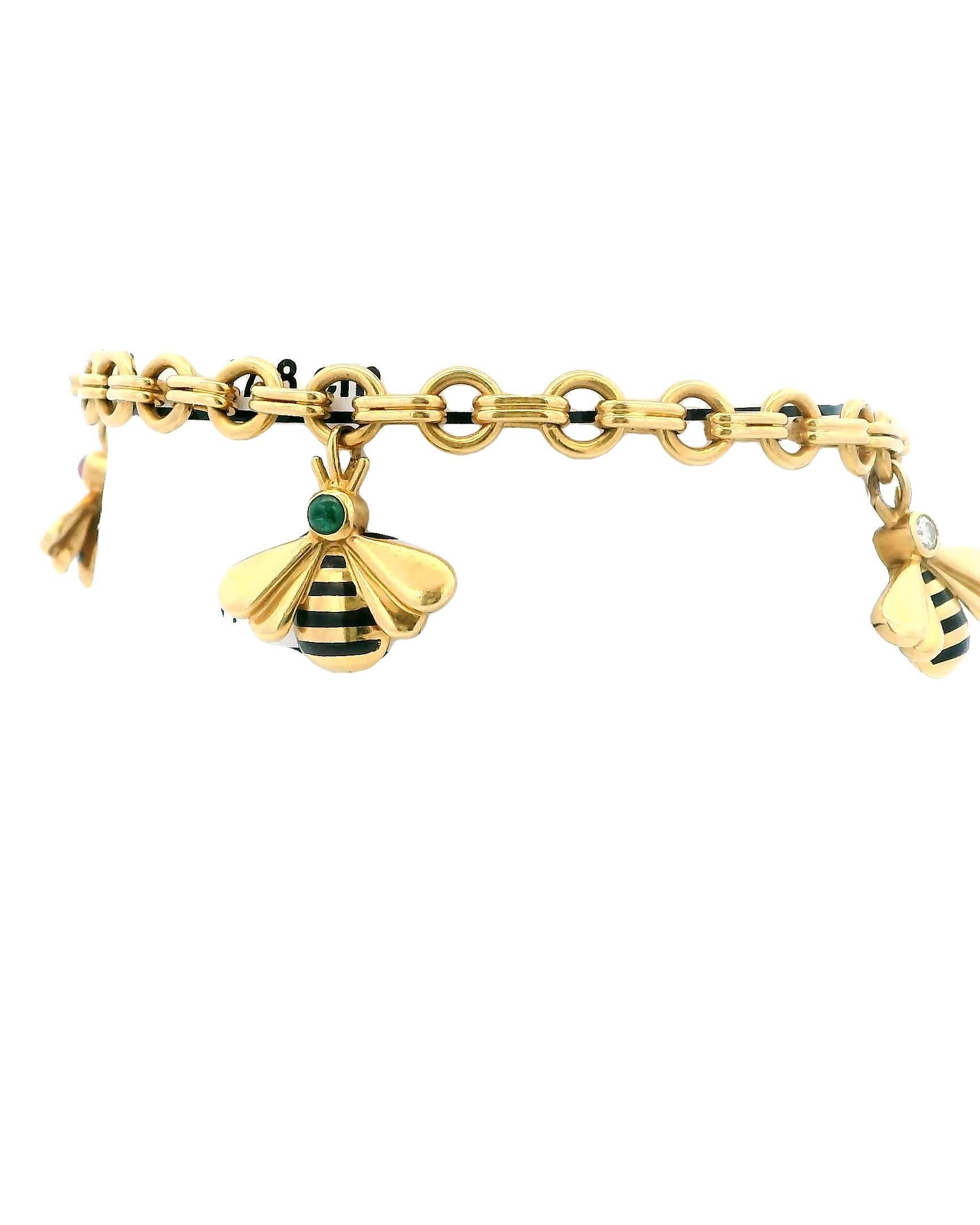 Cartier Vintage Multistone Bee Charm 18K Yellow Gold Bracelet In Excellent Condition In Great Neck Plaza, NY