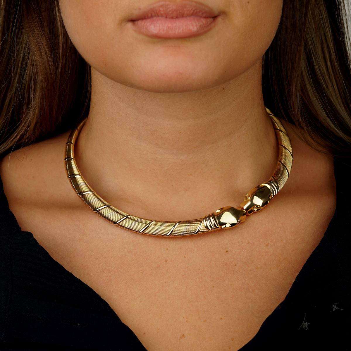 Introducing the Cartier Panthere 18k Gold Choker Necklace from the 1990s – a vintage treasure that embodies the essence of luxury and sophistication, while capturing the iconic spirit of Cartier's legendary Panthere collection. This striking choker