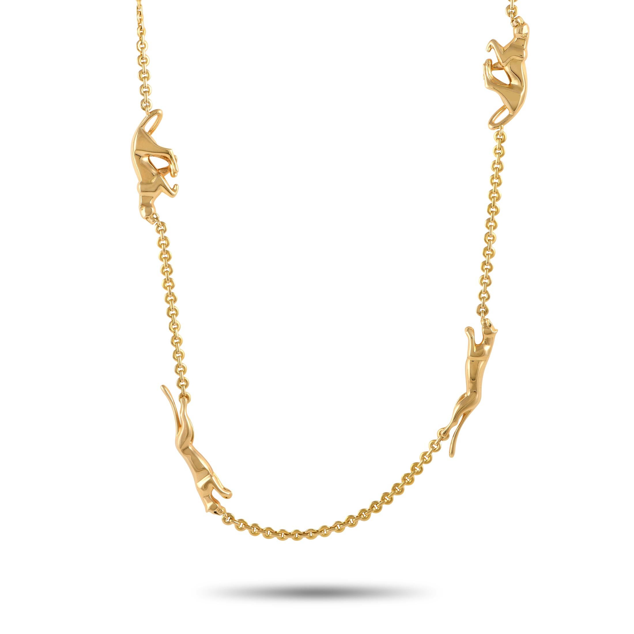 Diese Vintage-Halskette Cartier Panthere besticht durch ihr zeitloses Design, das Sie immer wieder aufs Neue begeistern wird. Eine Reihe von eleganten Panthermotiven veredelt die 36 cm lange Kette, die aus opulentem 18-karätigem Gelbgold gefertigt