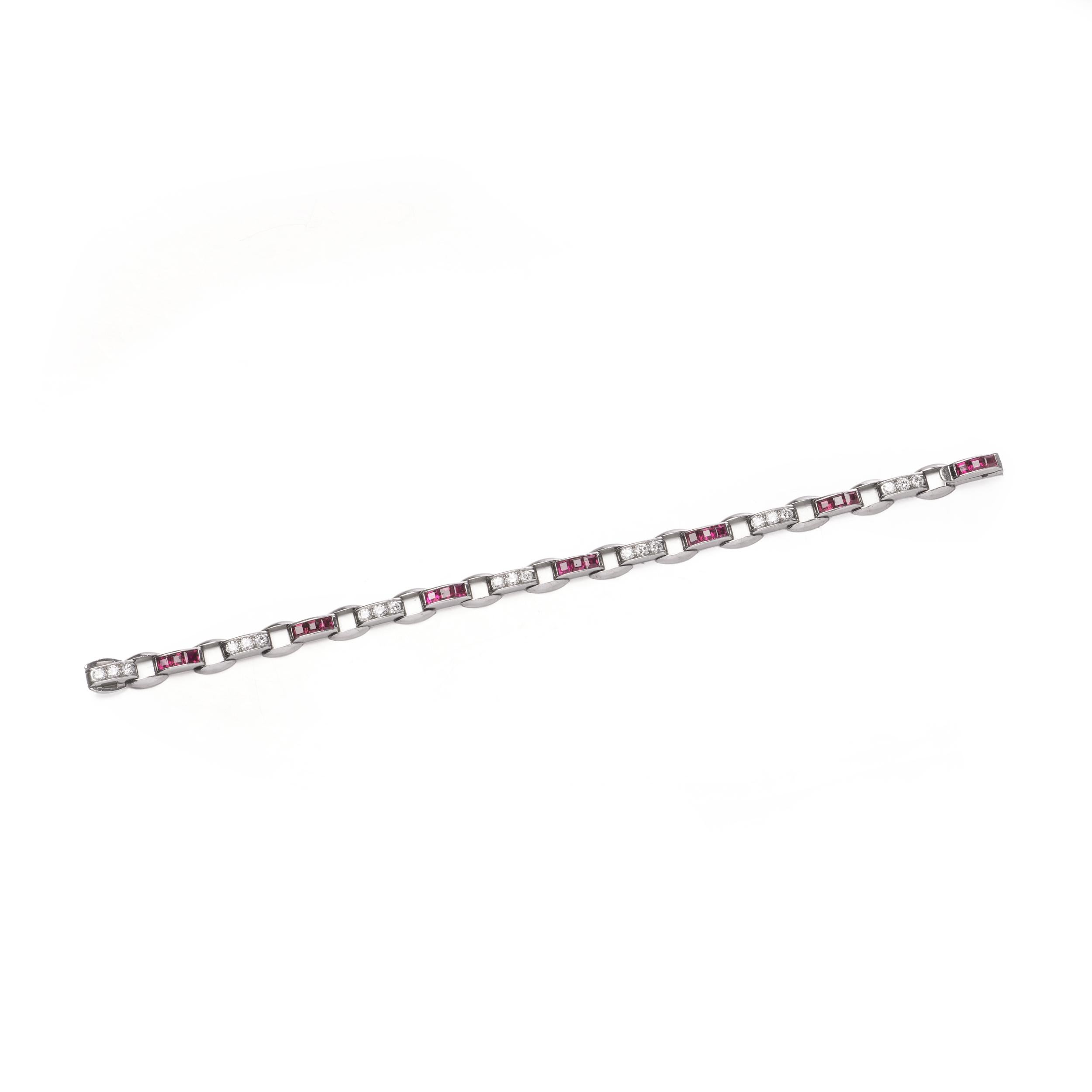 Brilliant Cut Cartier Vintage Platinum Bracelet with 2.10ct Rubies & 1.47ct Diamonds For Sale