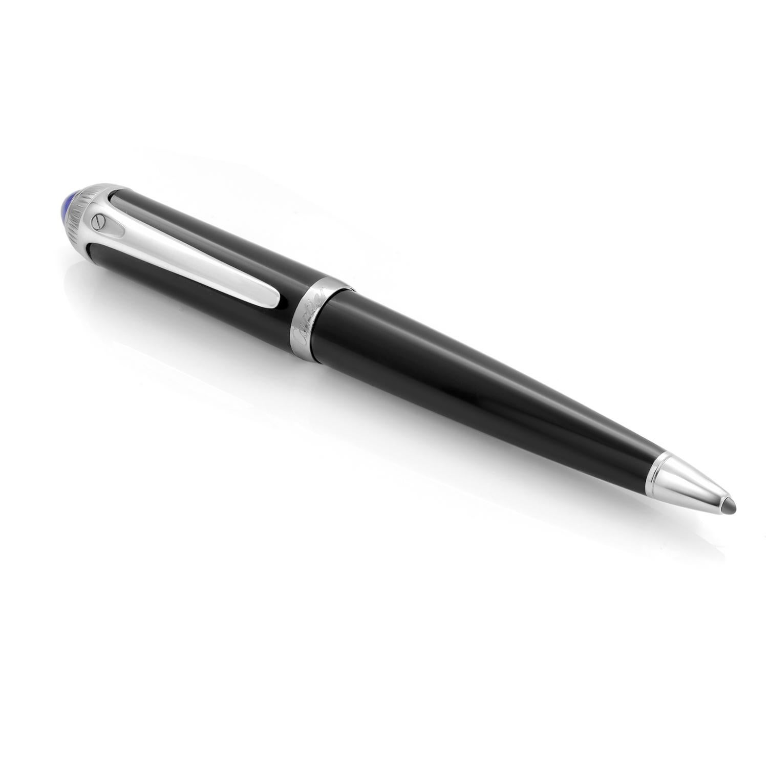 Contemporary Cartier Vintage R DE Ballpoint Pen Black Composite Blue Resin Cabochon