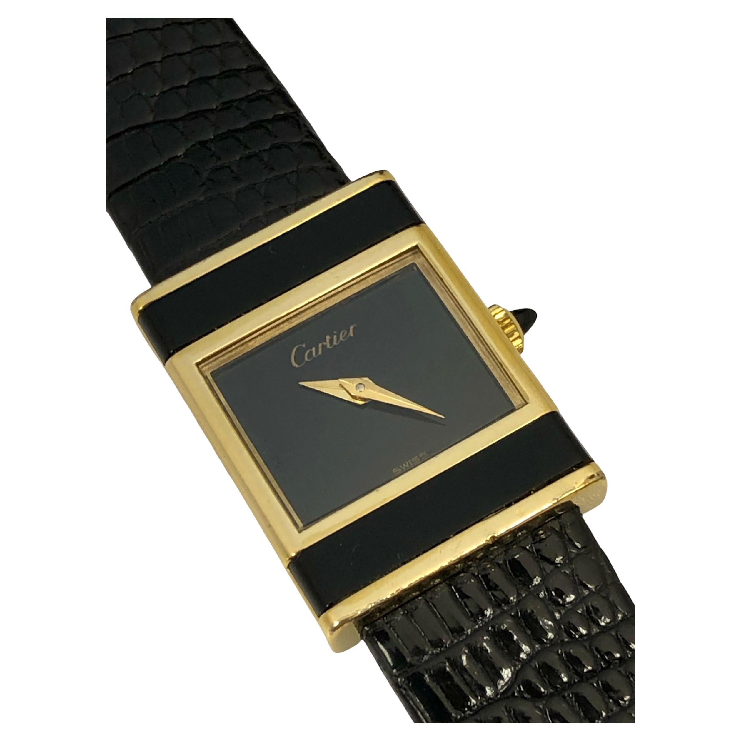 Cartier Vintage Rare Gold Plate and Onyx Tank Wrist Watch