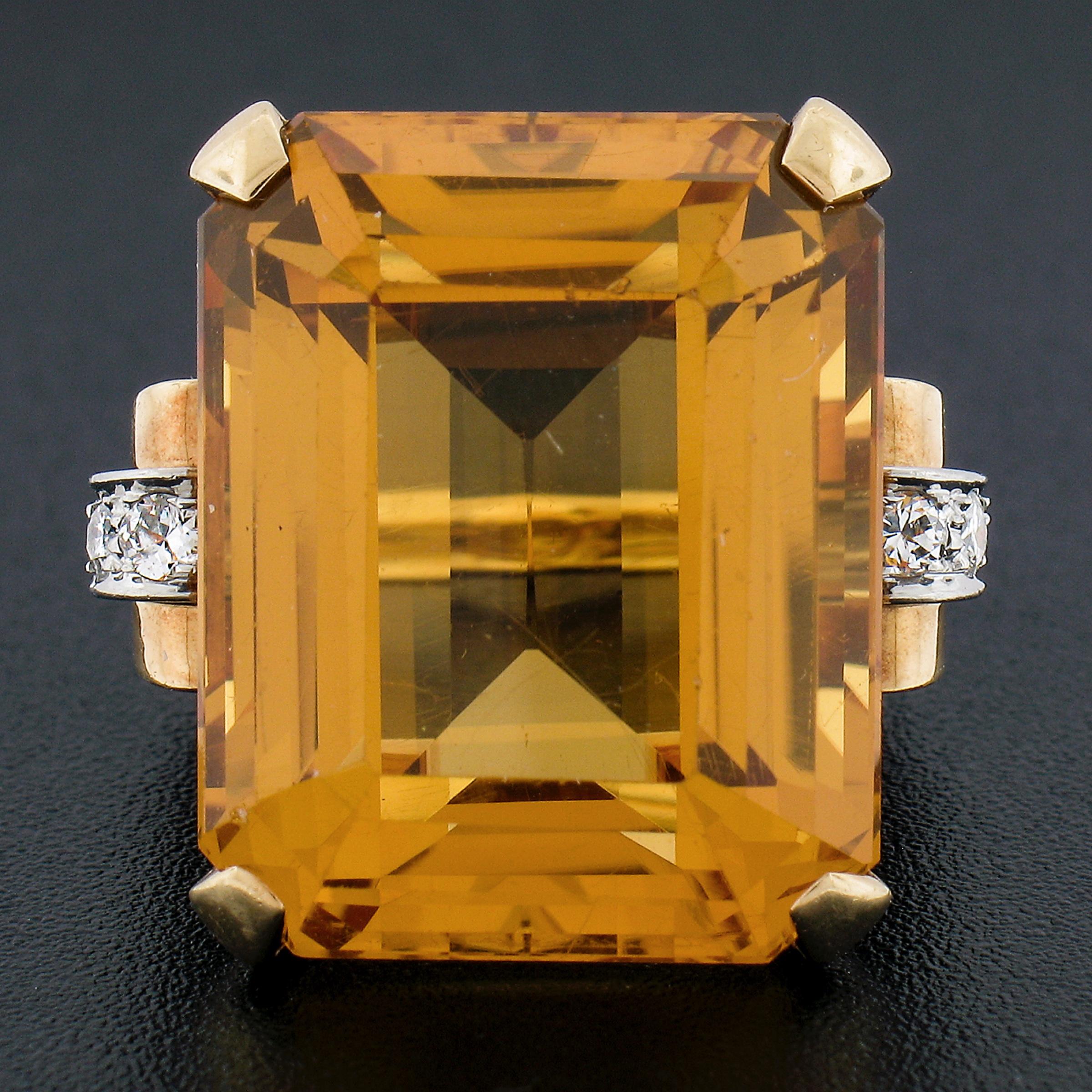 --Stone(s):--
(1) Natural Genuine Citrine - Emerald Cut - Prong Set - Rich yellowish Orange Color - 12.25x17.15x12.09mm - 31.15ct (approx.)
(6) Natural Genuine Diamonds - Old Transitional Cut - Pave Set - F/G Color - VS1/VS2 Clarity - 0.18ct