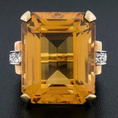 Cartier Vintage Retro 14k Gold & Platinum Emerald Cut Citrine Diamond Large Ring