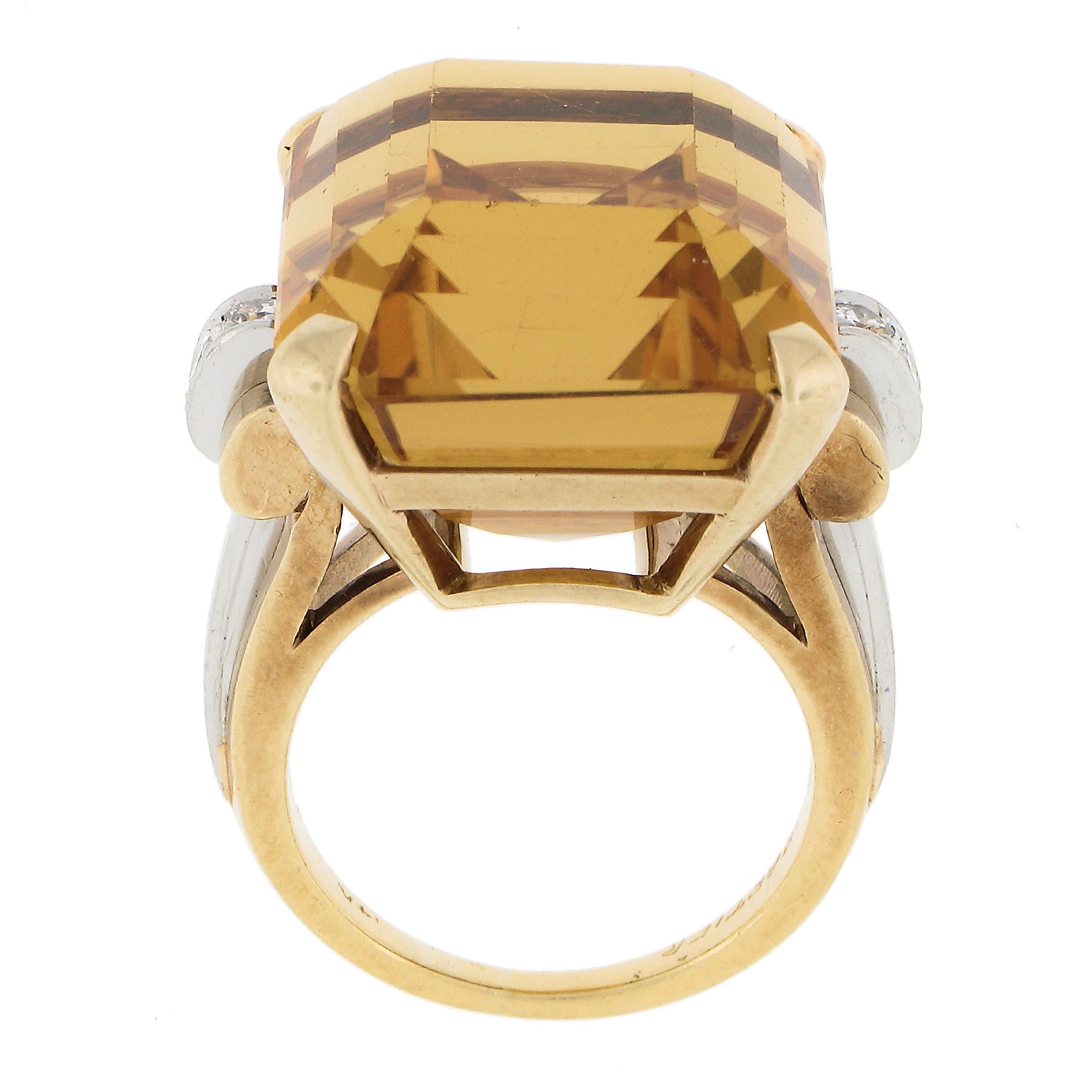 Cartier Vintage Retro 14k Gold & Platinum Emerald Cut Citrine Diamond Large Ring 4