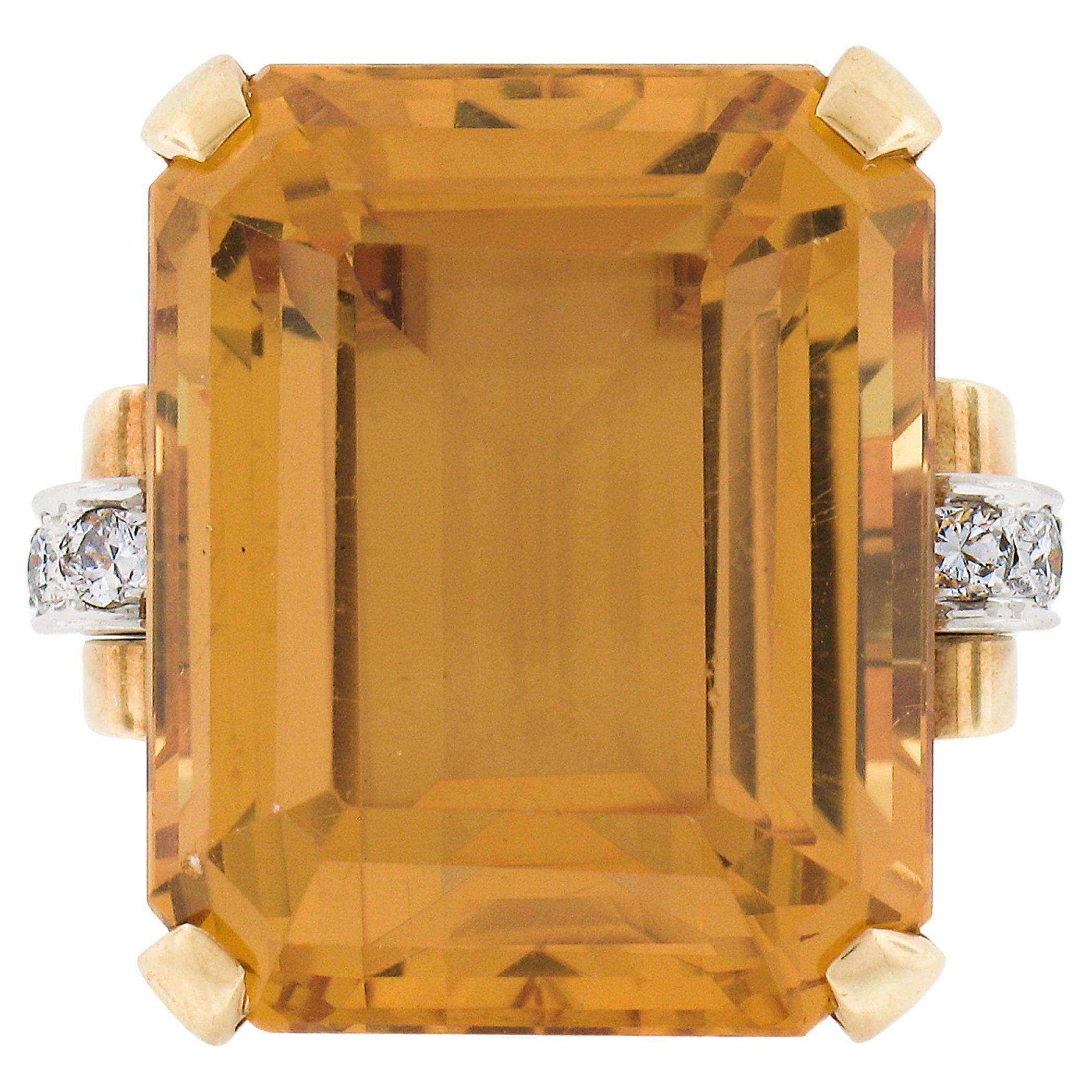 Cartier Vintage Retro 14k Gold & Platinum Emerald Cut Citrine Diamond Large Ring