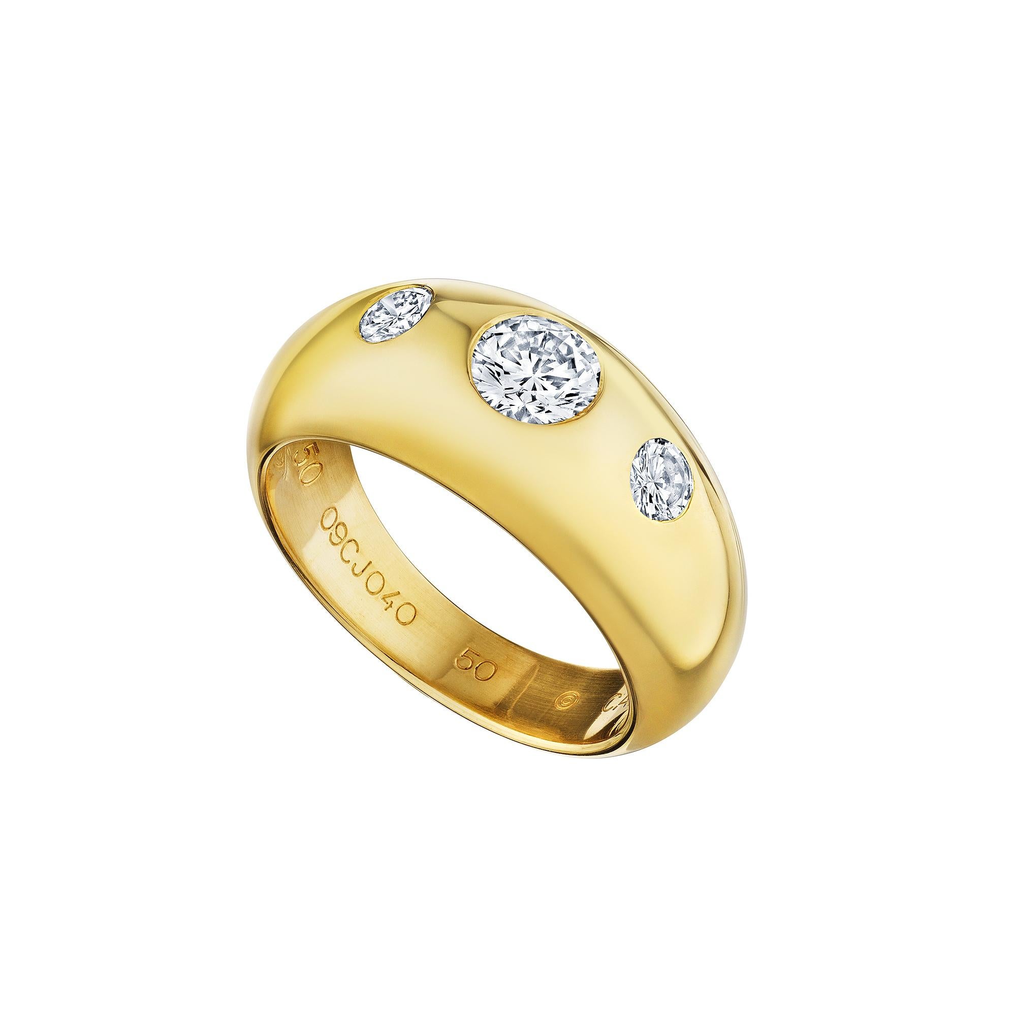 Buzzworthy. This Cartier vintage round cut three stone diamond 18 karat yellow polished gold dome ring is praiseworthy. Circa 1990. European Size 50 (equivalent to US Size 5 1/4-5 1/2).  Can be sized. Signed Cartier. Center diamond approximately .35