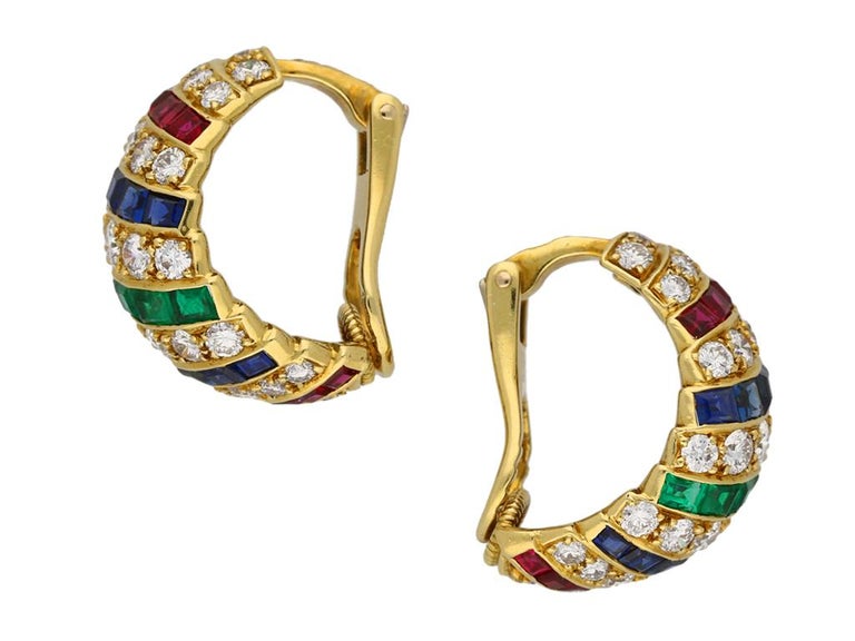 Cartier vintage ruby, sapphire, emerald and diamond earrings, circa