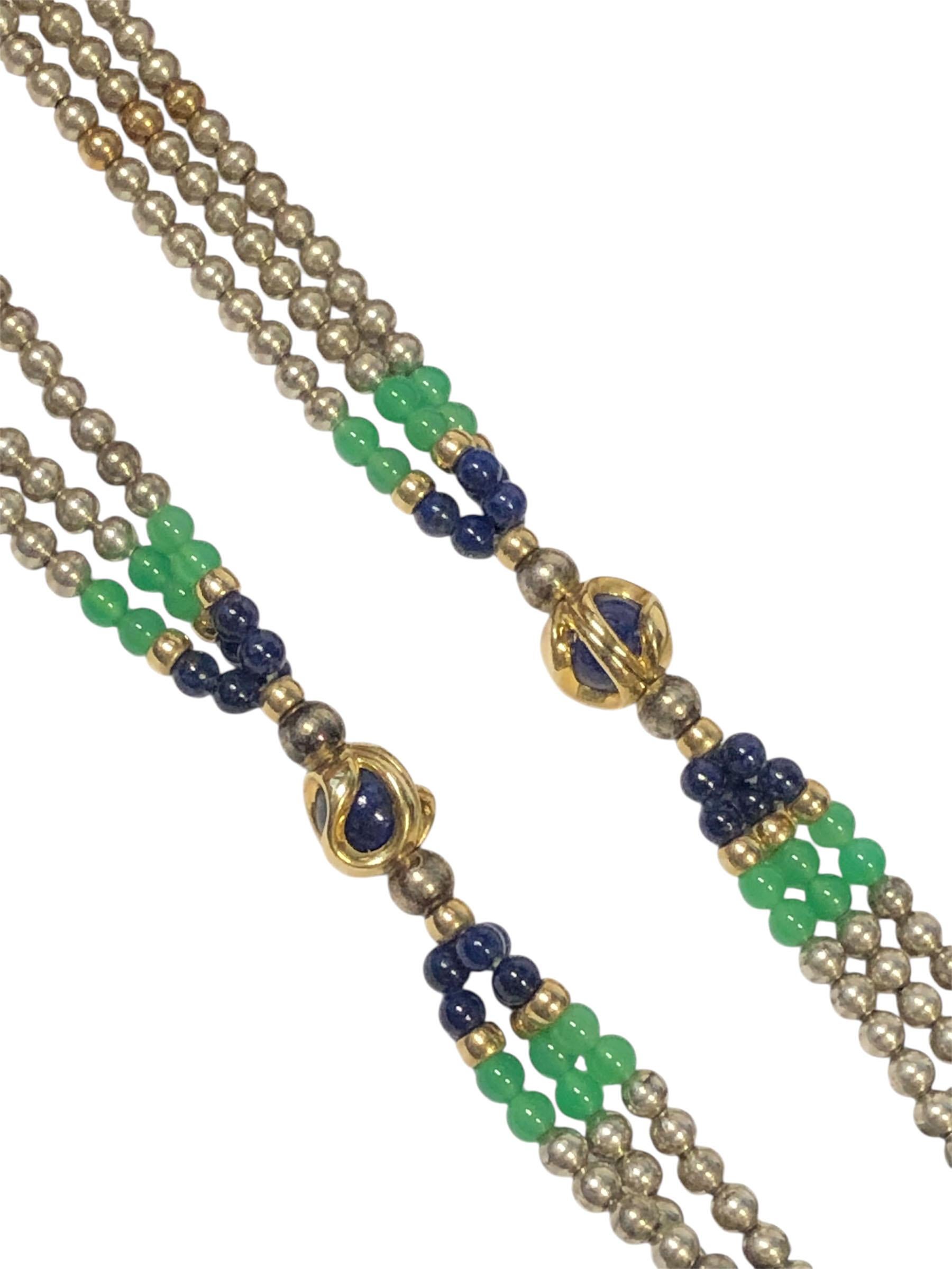 Cabochon Cartier Vintage Silver Gold and Stone bead Triple strand Necklace For Sale