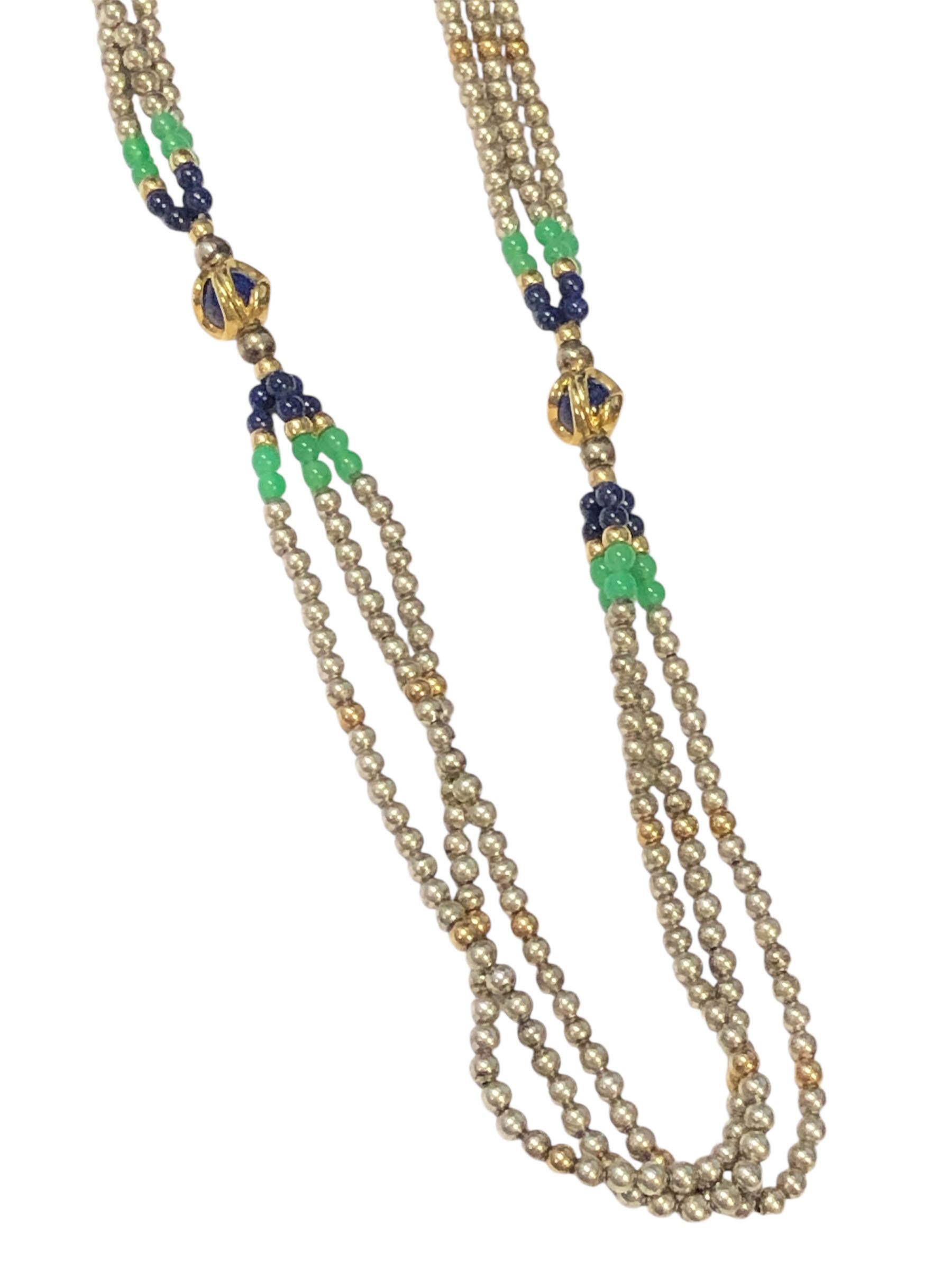 Cartier Vintage Silver Gold and Stone bead Triple strand Necklace In Excellent Condition For Sale In Chicago, IL