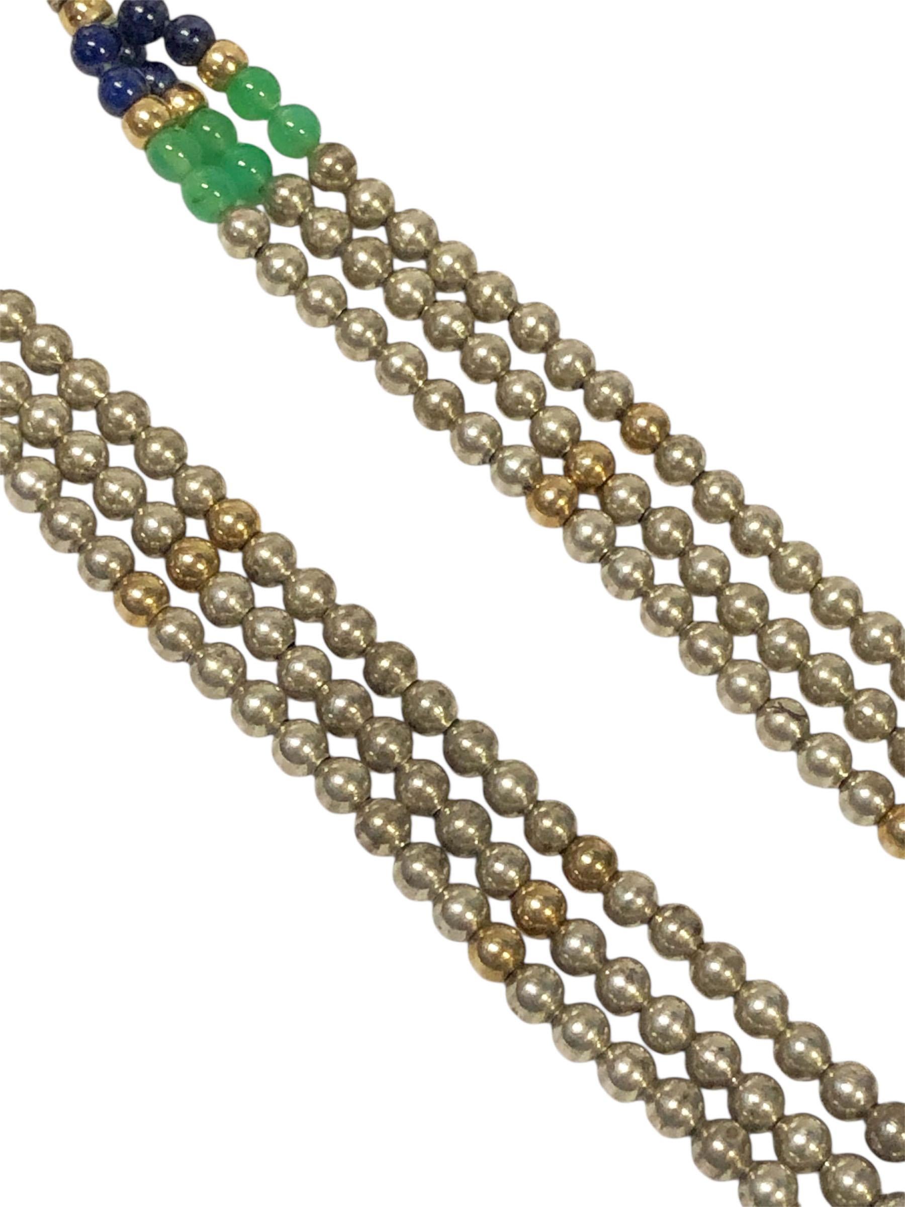 Women's or Men's Cartier Vintage Silver Gold and Stone bead Triple strand Necklace For Sale