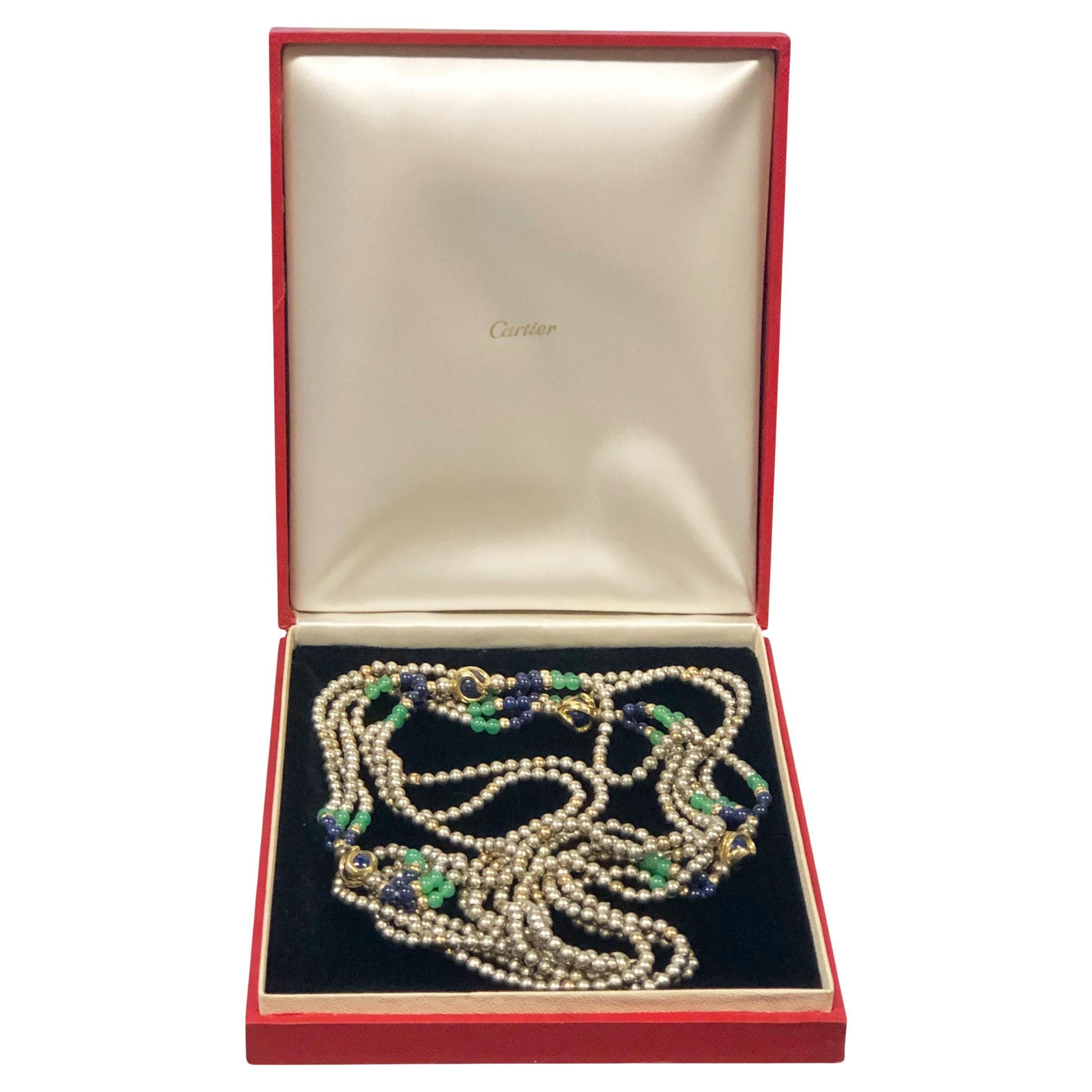 Cartier Vintage Silver Gold and Stone bead Triple strand Necklace For Sale