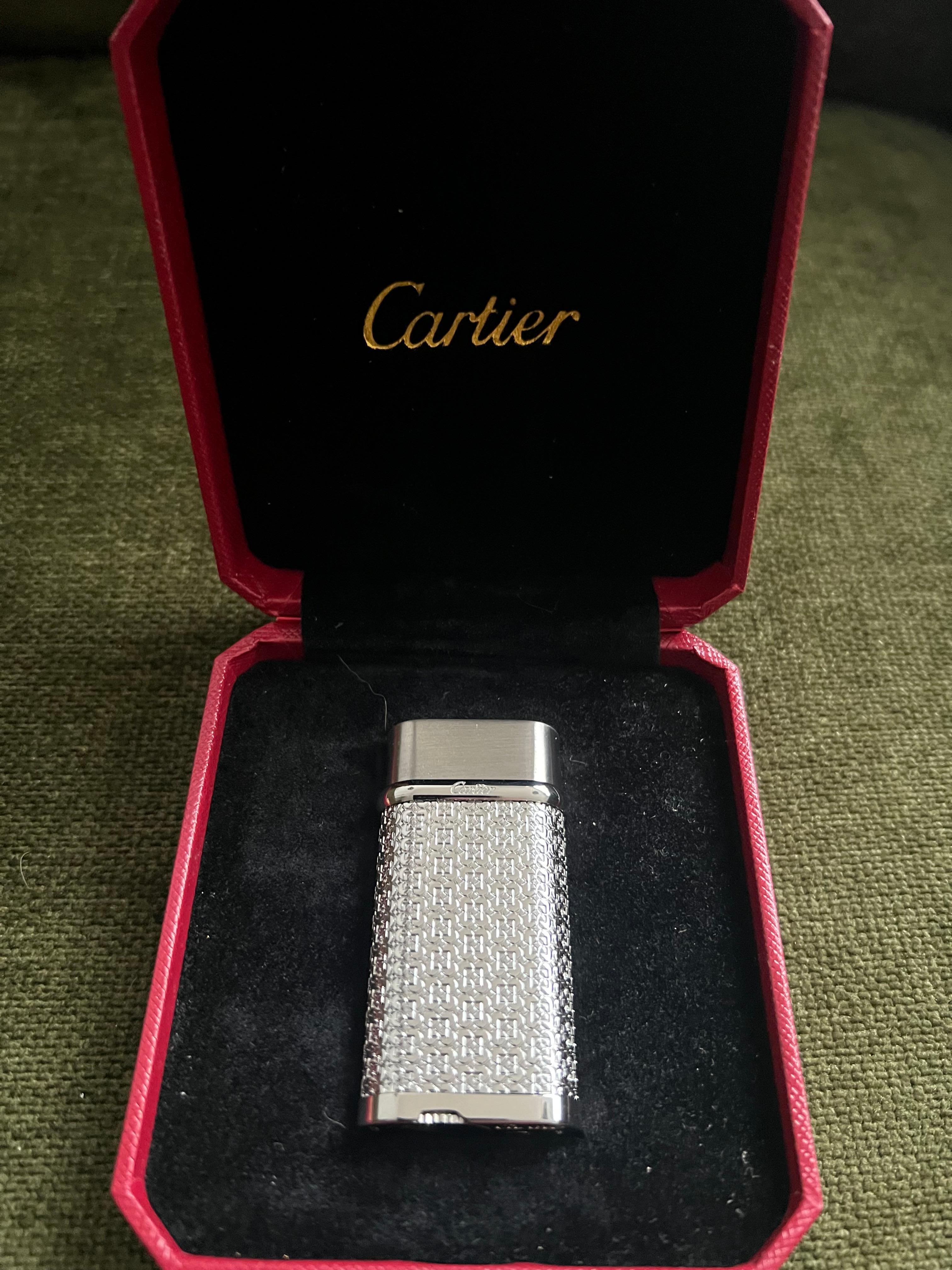 Art Deco Cartier Vintage Silver Plated Logo “Cartier” Lighter In Original Case Circe 1990