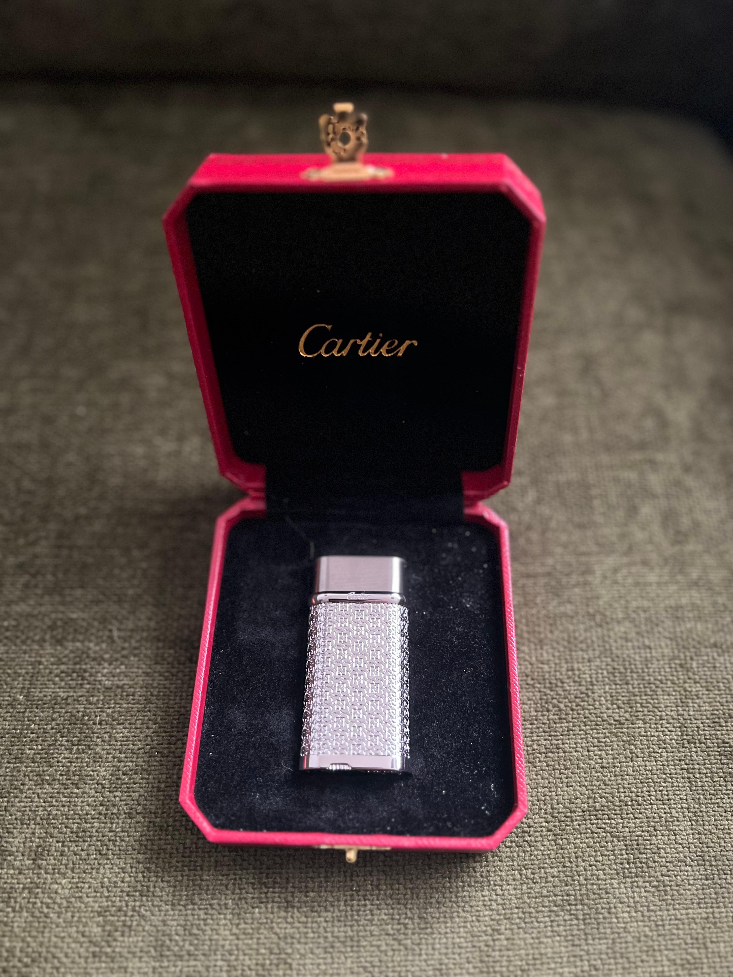 Cartier Vintage Silver Plated Logo “Cartier” Lighter In Original Case Circe 1990 In Excellent Condition In New York, NY