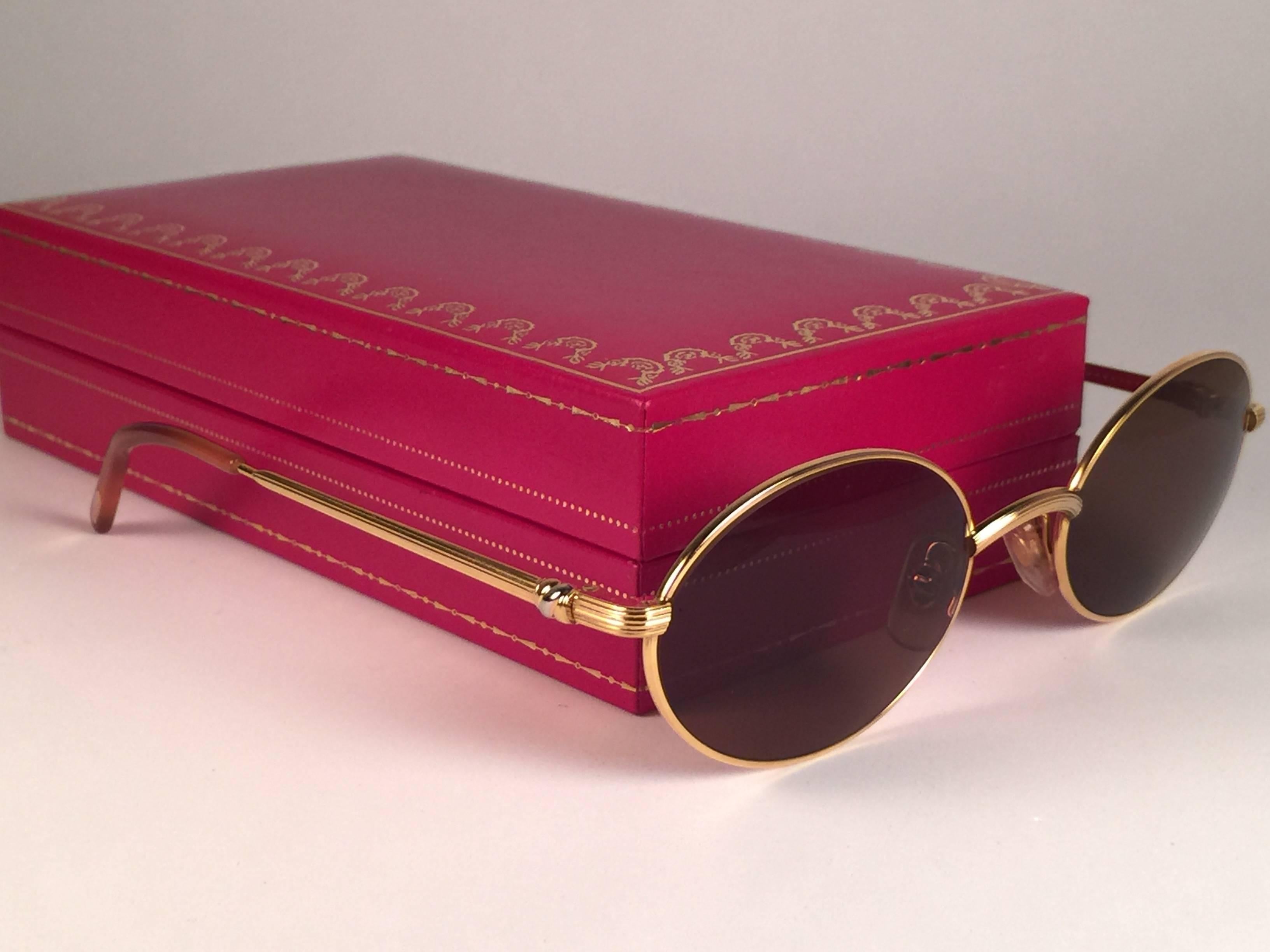 Beige Cartier Vintage Sorbonne Gold Plated Solid Brown Lens France Sunglasses, 1990 