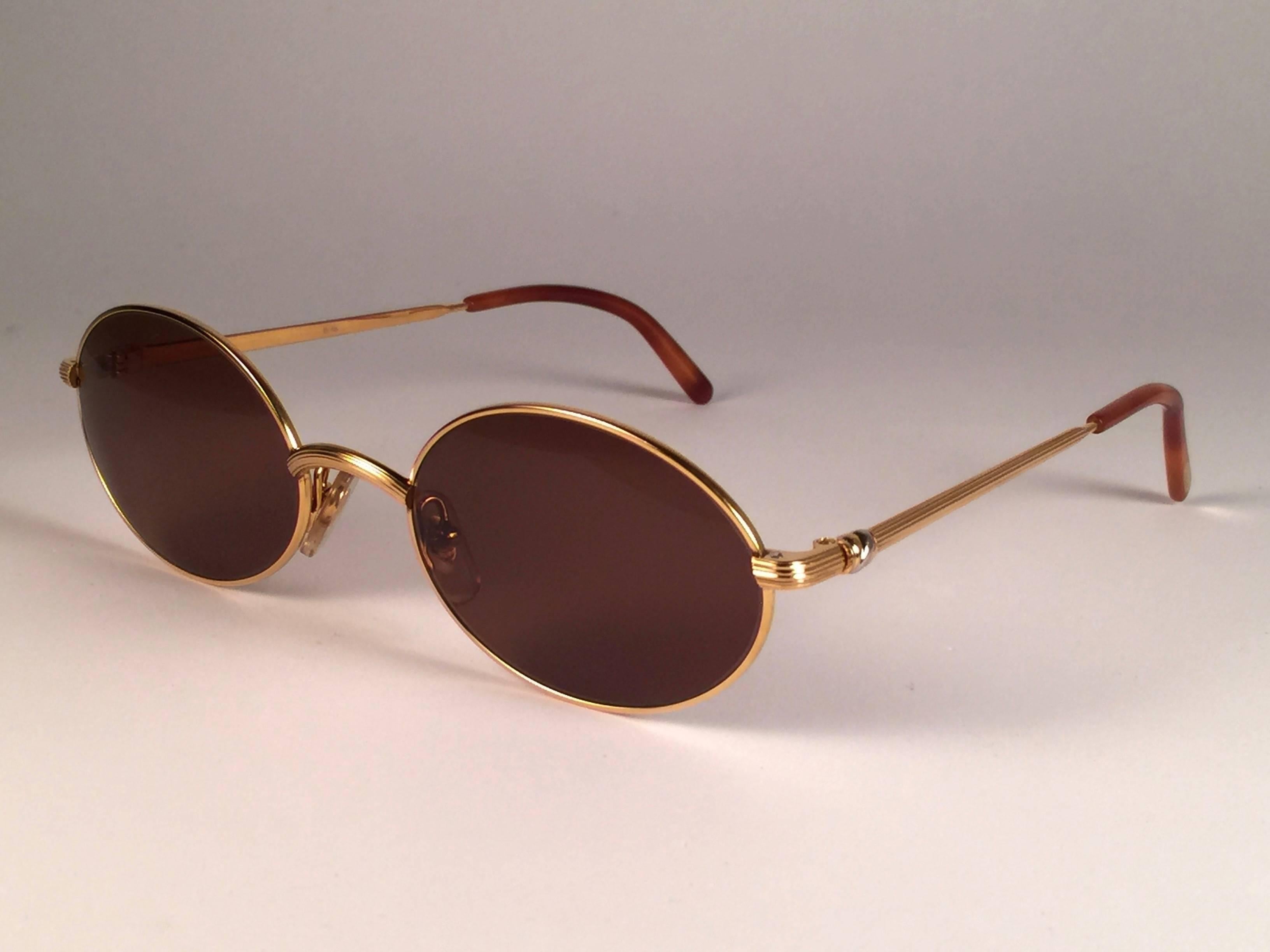 Women's or Men's Cartier Vintage Sorbonne Gold Plated Solid Brown Lens France Sunglasses, 1990 