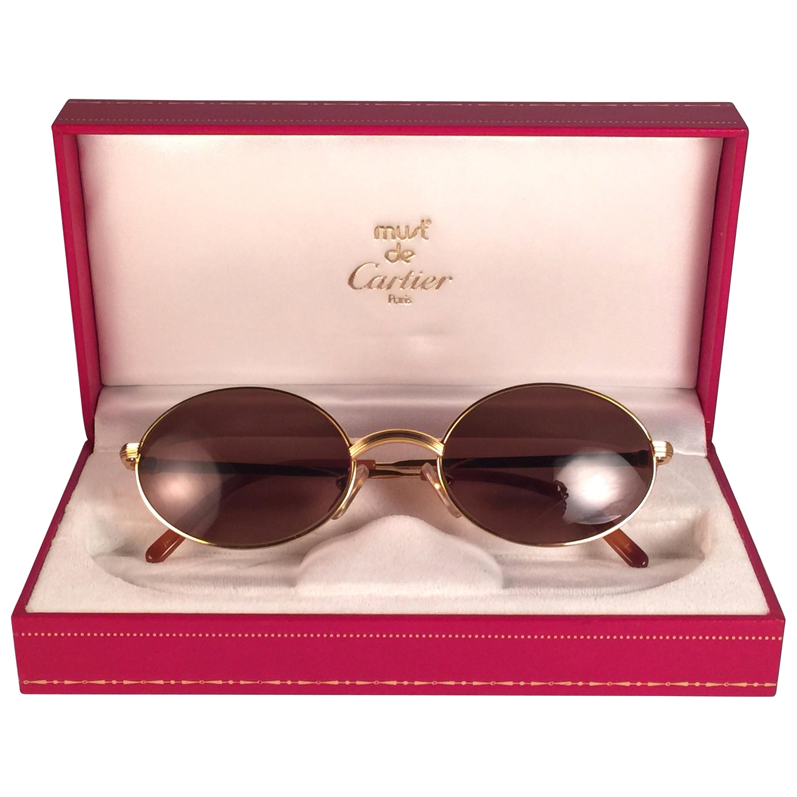 Cartier Vintage Sorbonne Gold Plated Solid Brown Lens France Sunglasses, 1990 