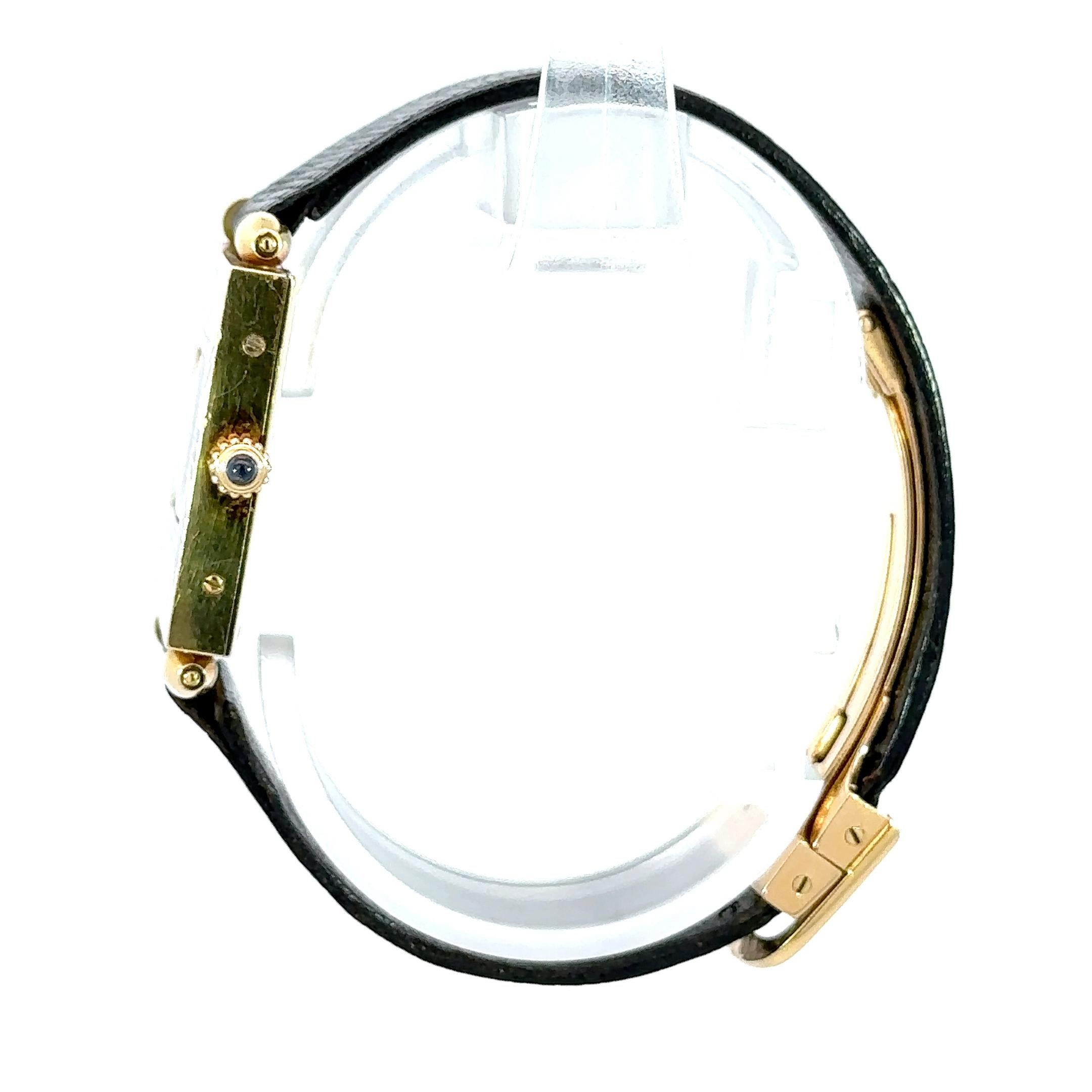 Cartier Square Quadrant with Enamel Numerals 18K Yellow Gold 
Very rare design
18K Yellow Gold with Enamel Numerals
25 x 32 mm Case size
Quartz Movement
White Dial
Reptile Strap