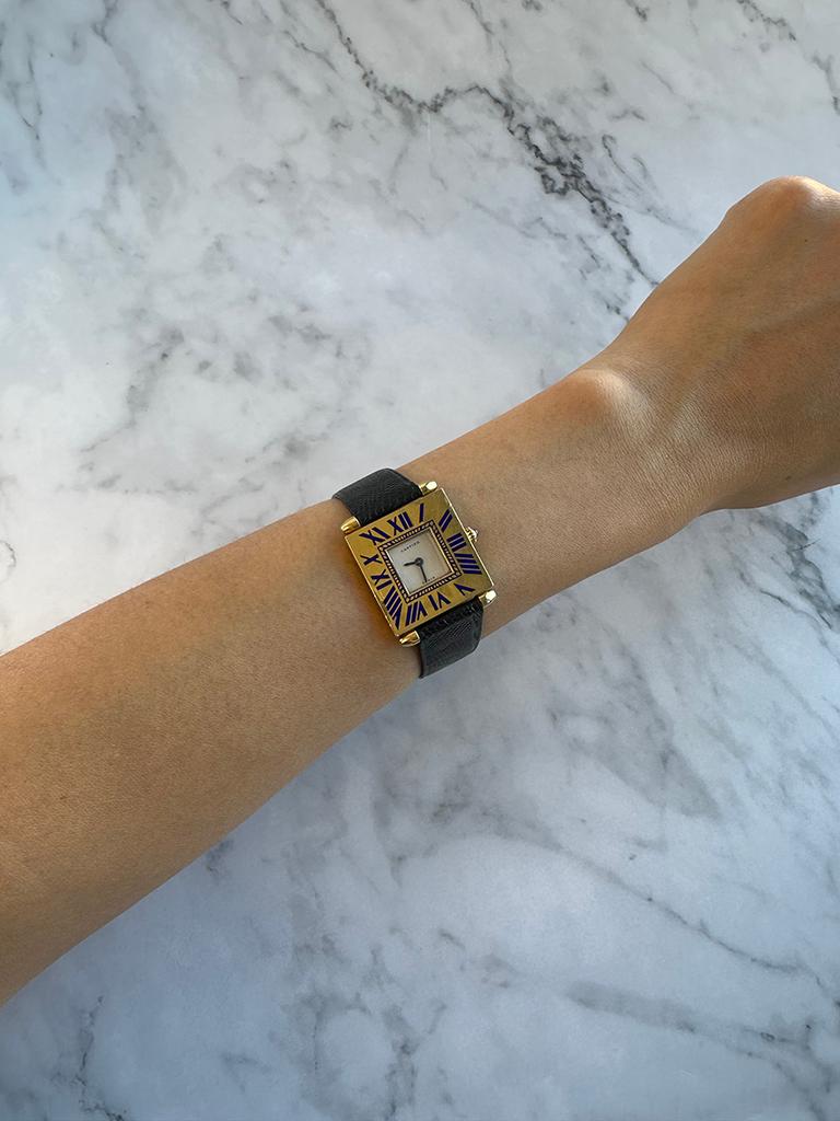 Cartier Vintage Square Quadrant with Enamel Numerals 18K Yellow Gold In Excellent Condition In Great Neck Plaza, NY