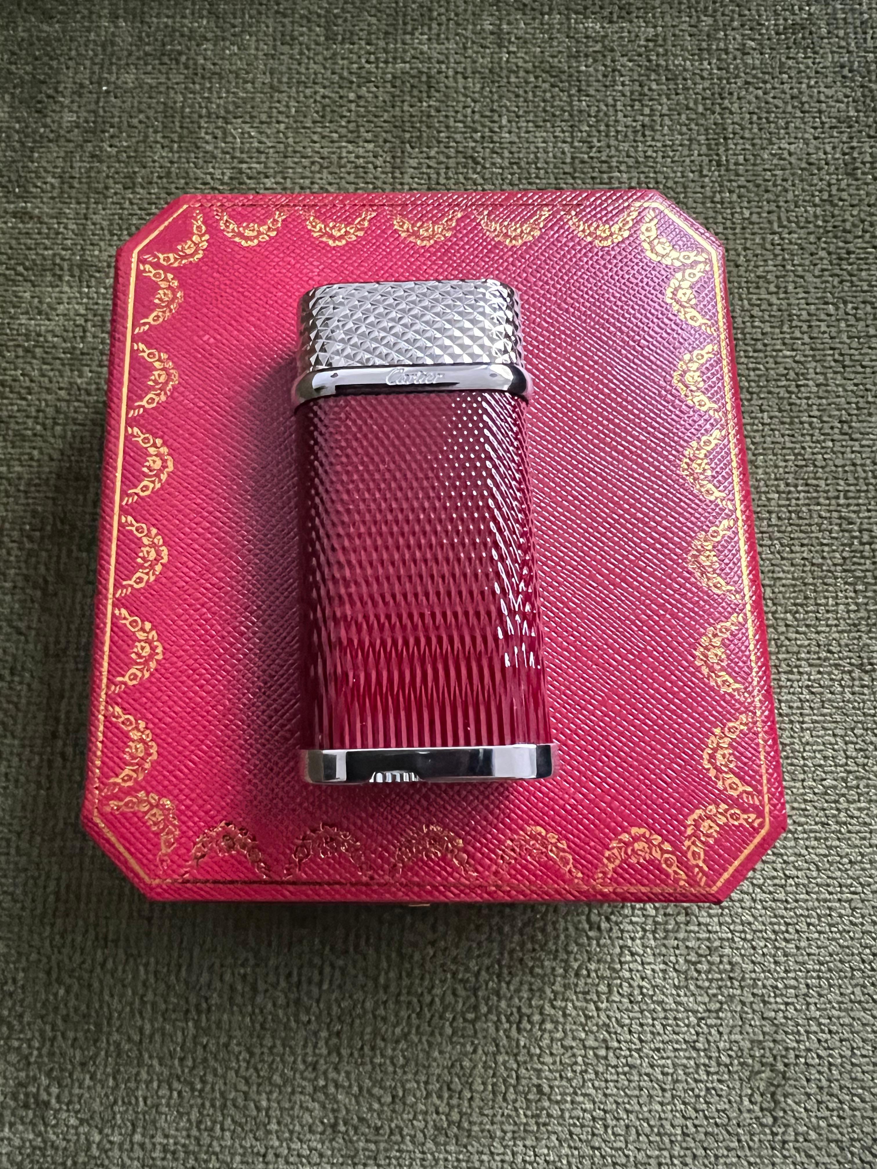 Women's or Men's Cartier Vintage Steel & Chocolate Enamel “Cartier” Lighter In Original Case