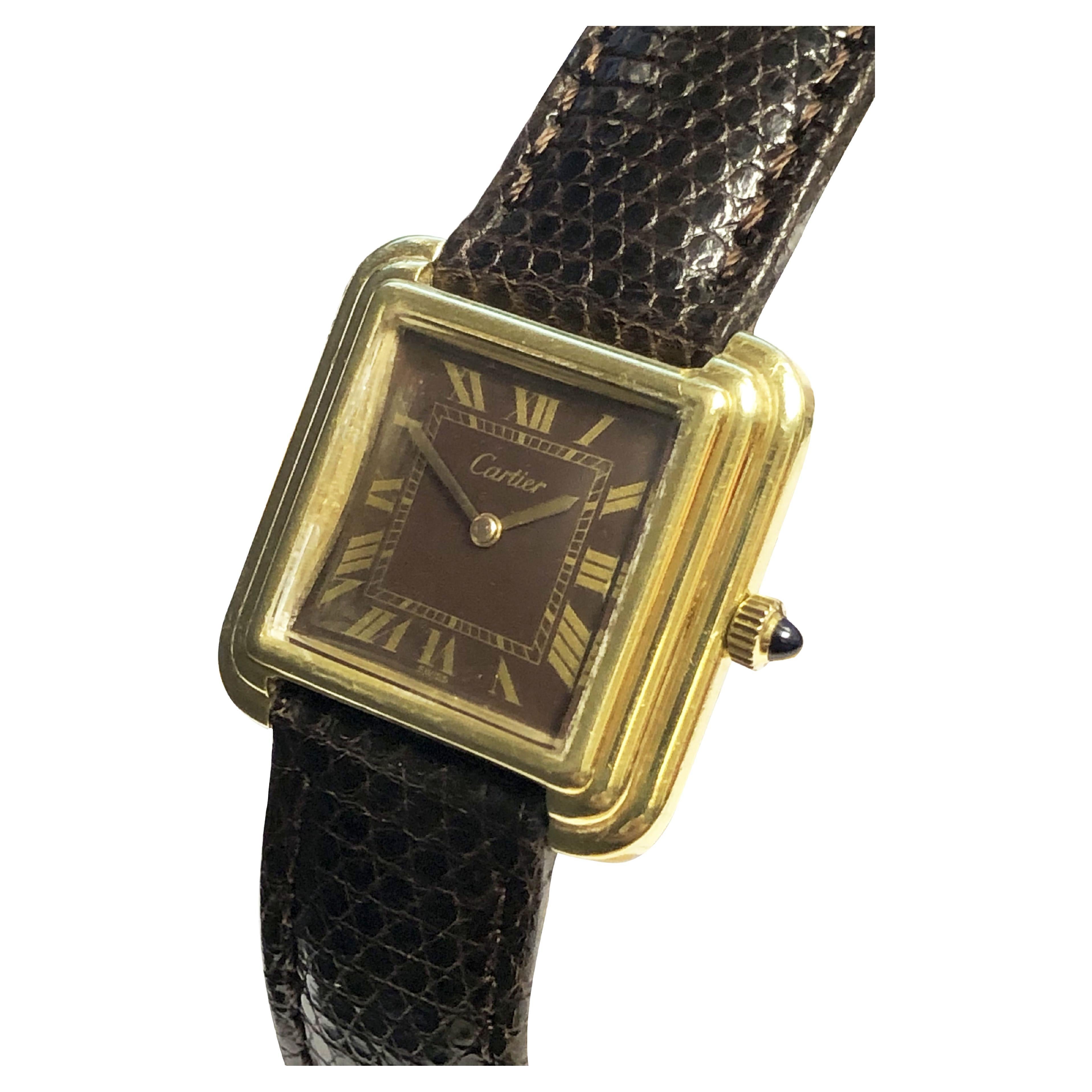 Orologio da polso Cartier Vintage con cassa a gradini e meccanica con placca d'oro 18 carati