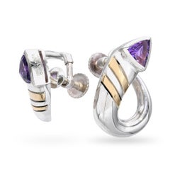 Cartier Vintage Sterling Silver and 18k Yellow Gold Amethyst Curved Earrings