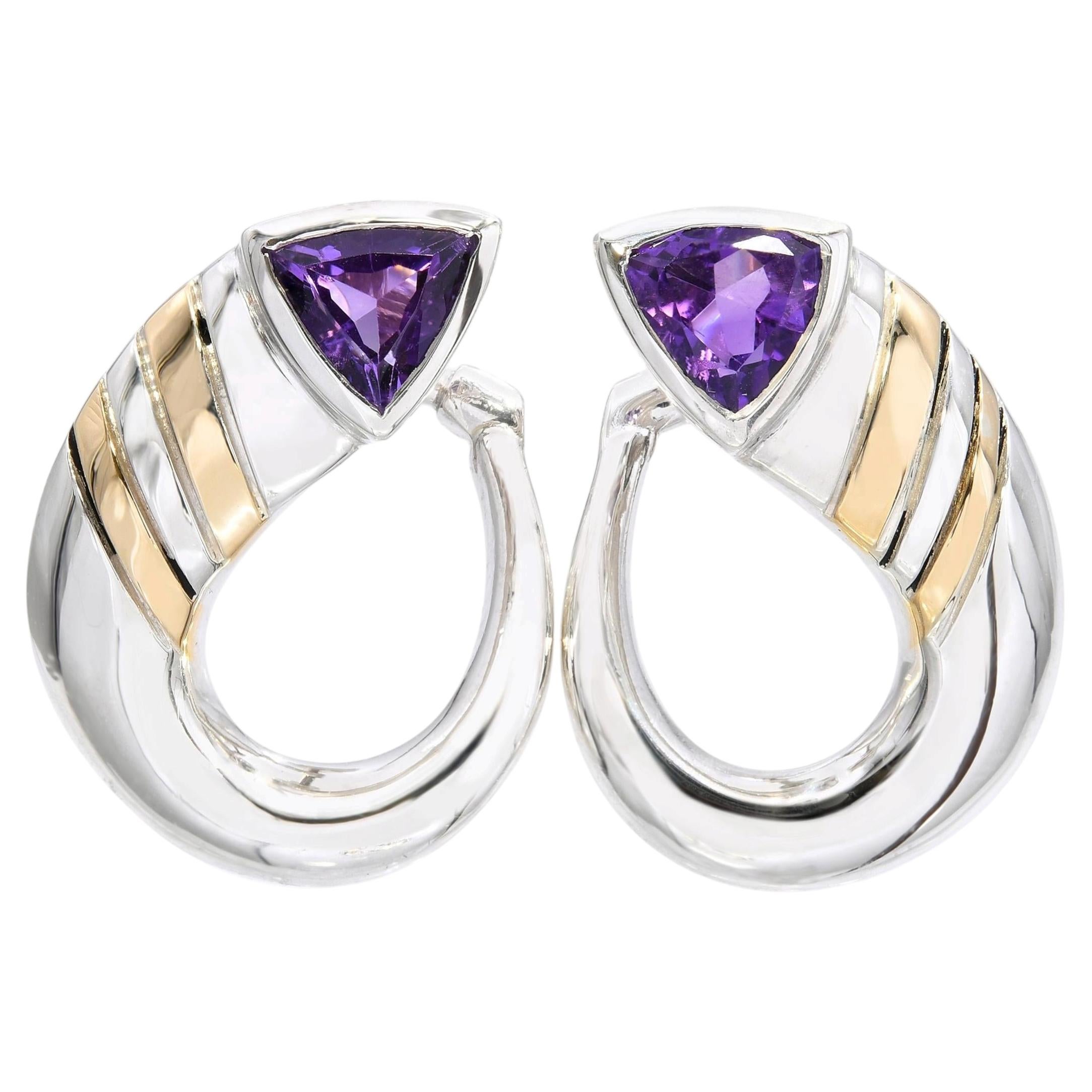 Cartier Vintage Sterling Silver and 18k Yellow Gold Amethyst Curved Earrings