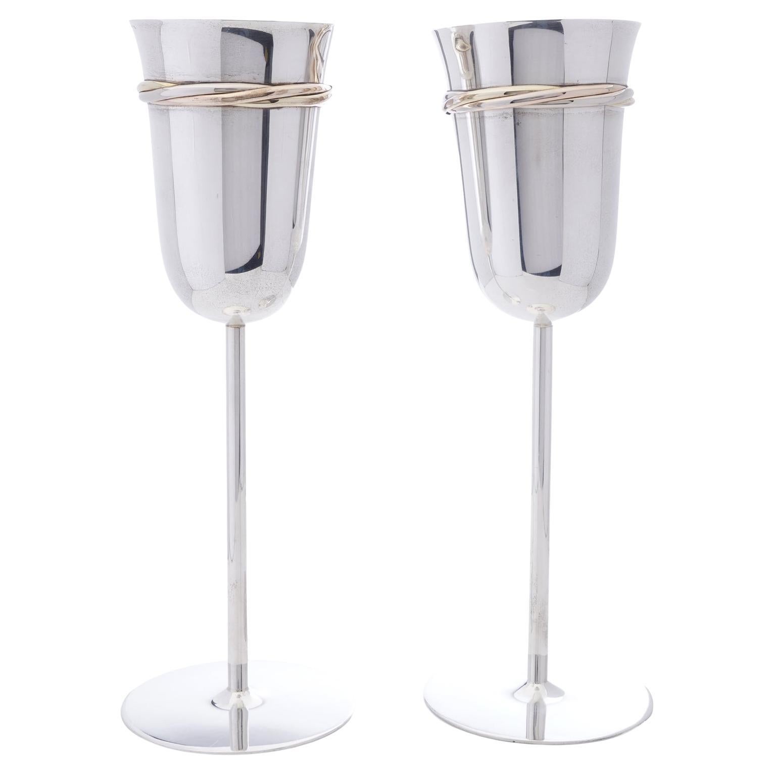 Pareja de copas de champán Cartier Vintage de plata de ley, estilo Trinidad