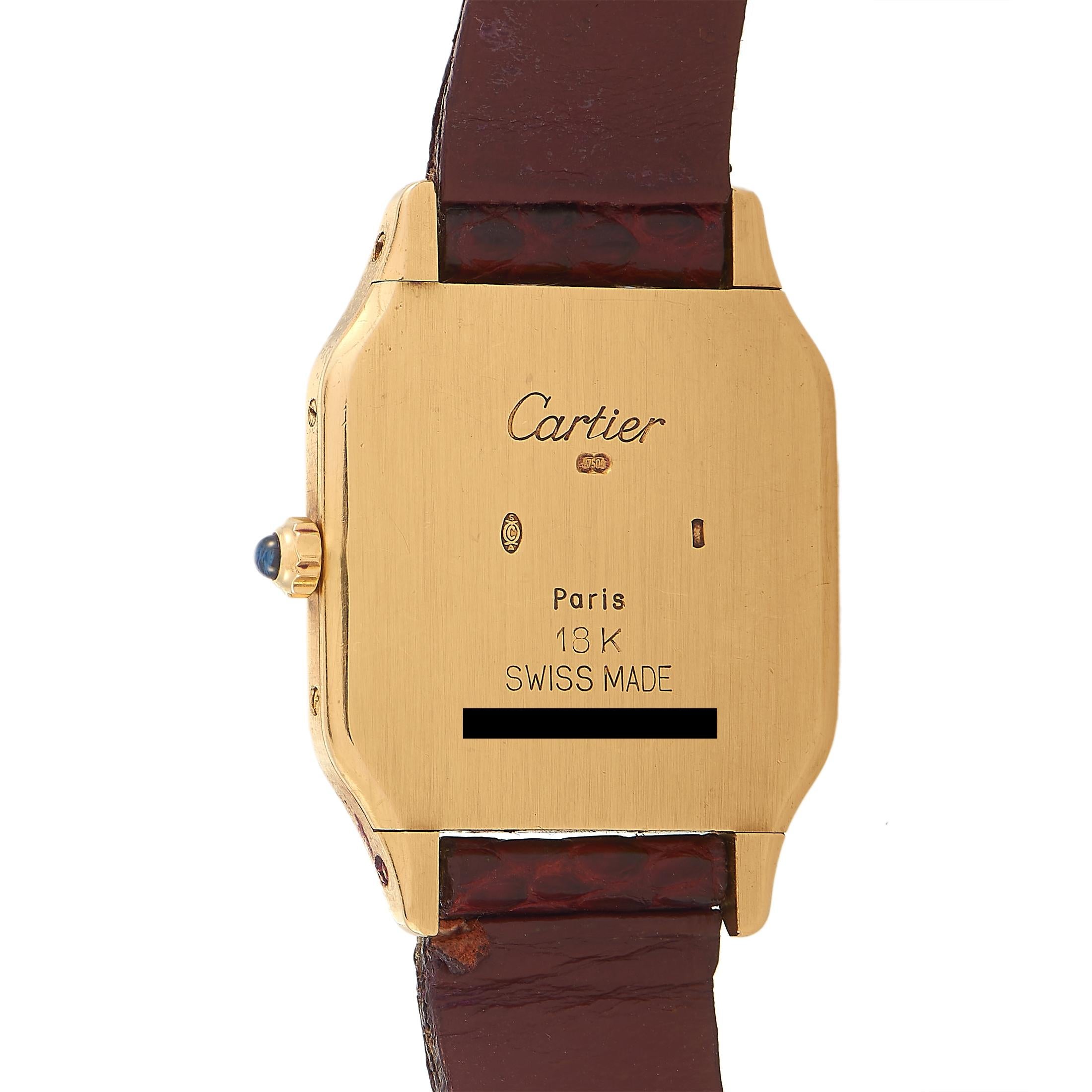 The Cartier Tank watch comes with an 18K yellow gold case that is presented on a burgundy leather strap, secured on the wrist with a tang buckle. The dial boasts Roman numerals and features central hours and minutes.
 
 This timepiece is offered