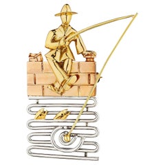 Cartier Vintage Tri-Color Yellow White Rose Gold Fisherman Brooch