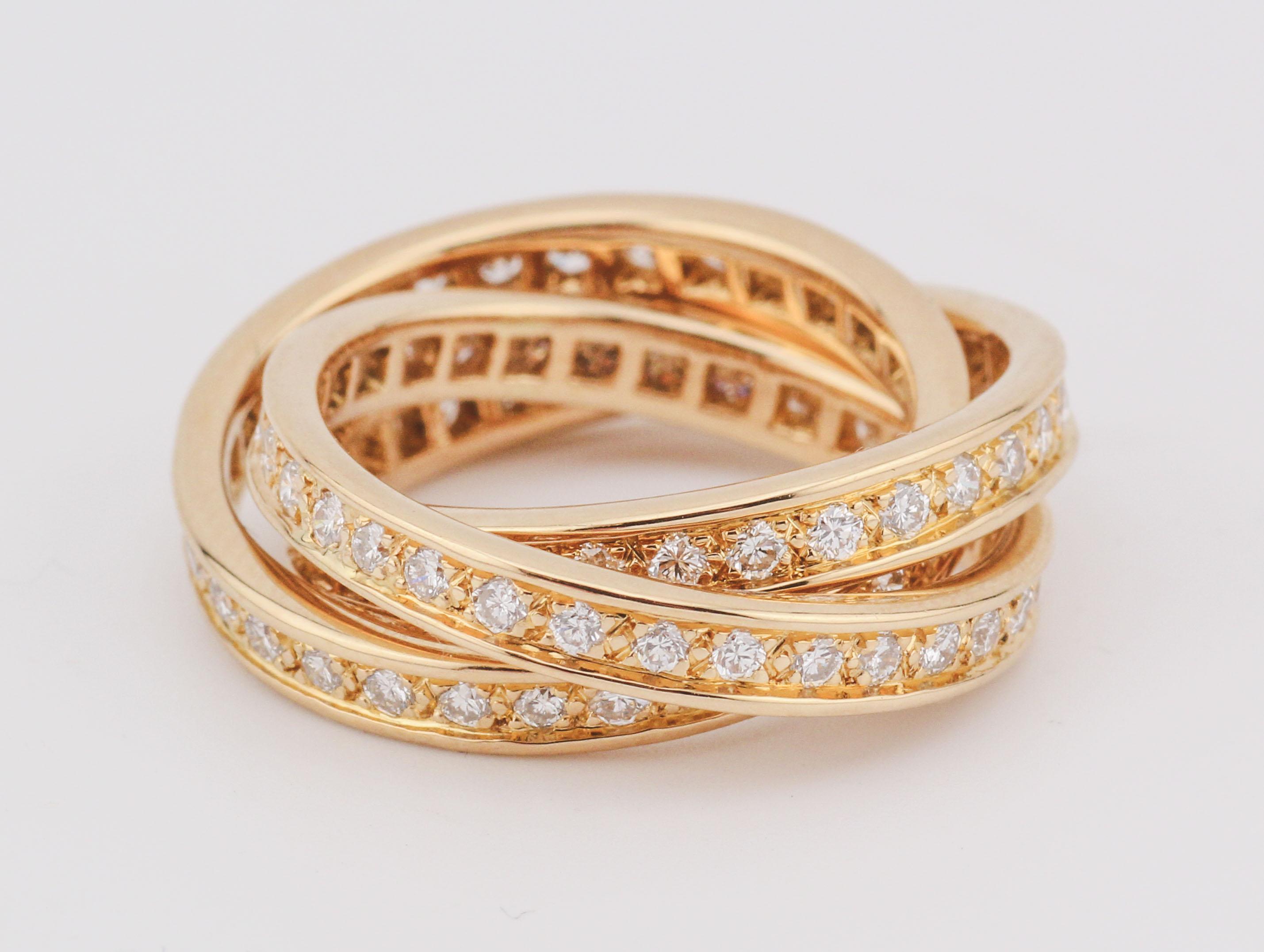 Brilliant Cut Cartier Vintage Trinity Diamond 18k Yellow Gold Band Ring Size 5.5 51