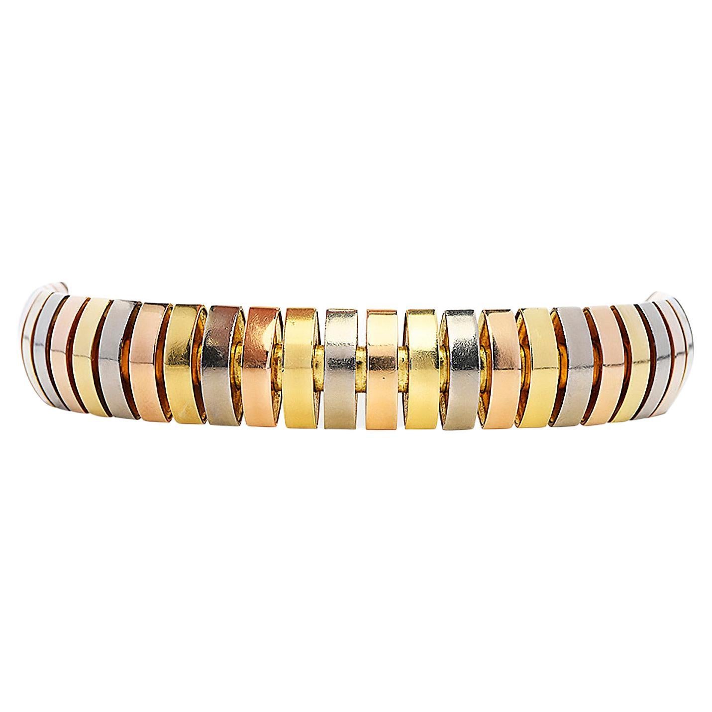 Cartier Bracelet vintage Tubogas à maillons tricolores en or 18 carats en vente