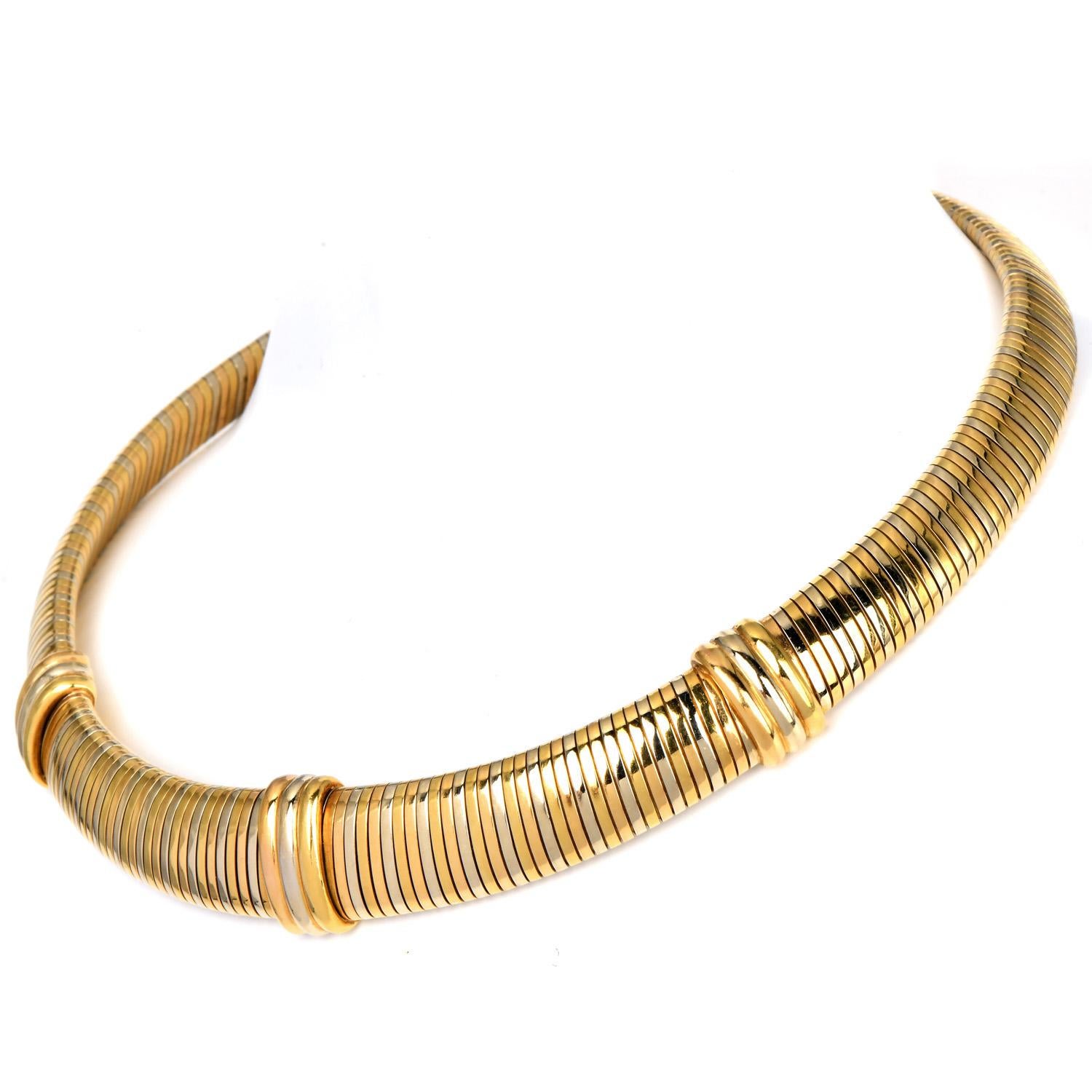 Stunning Cartier Vintage Tubogas  Tri Color18K Yellow Gold Snake Collar Necklace

Crafted in 18K Yellow Gold, a classic tubogas design, this piece beautifully graduates from 7mm to 18mm at the center, creating a bold yet sophisticated look around