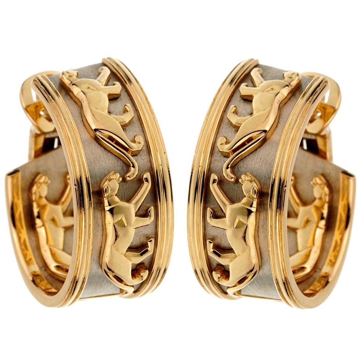 Pendientes de aro Cartier Vintage Walking Panthere de oro amarillo y blanco de 18k en Excelente estado para la venta en Feasterville, PA