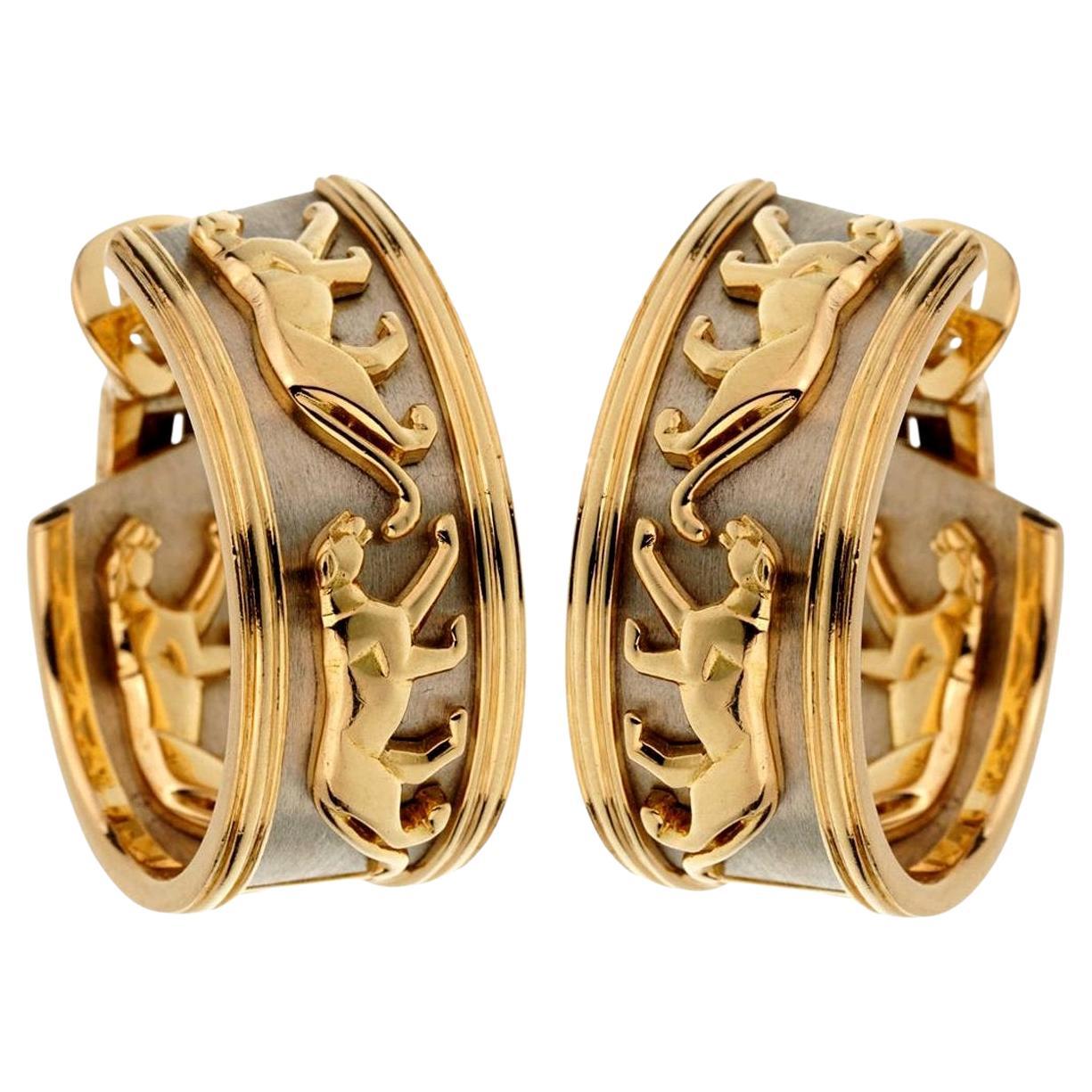 Pendientes de aro Cartier Vintage Walking Panthere de oro amarillo y blanco de 18k en venta