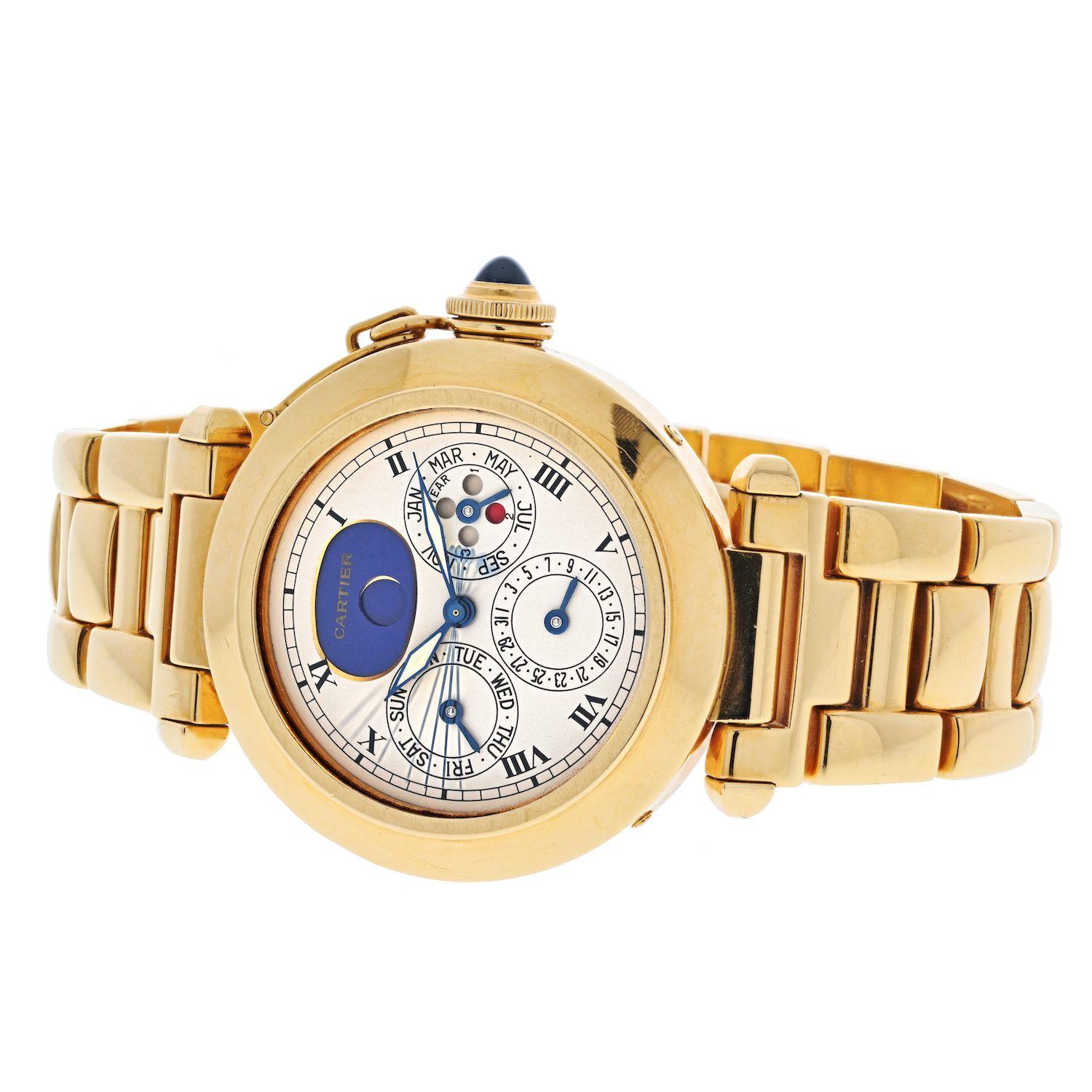 Cartier Pasha, a line first presented in the heady '80s and based on a watch that was, according to Cartier, presented to the Pasha of Marrakech in 1943. 
Originally intended for the wrists of men but famously adopted by many women, the Pasha is, on