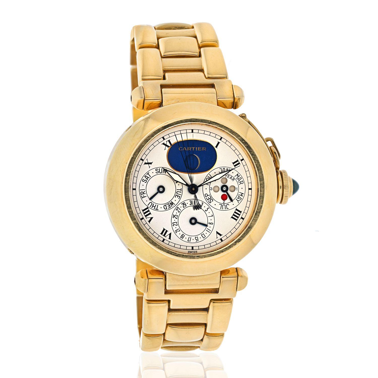 Modern Cartier Vintage Pasha 18K Yellow Gold 38mm Perpetual Calendar Automatic Watch For Sale