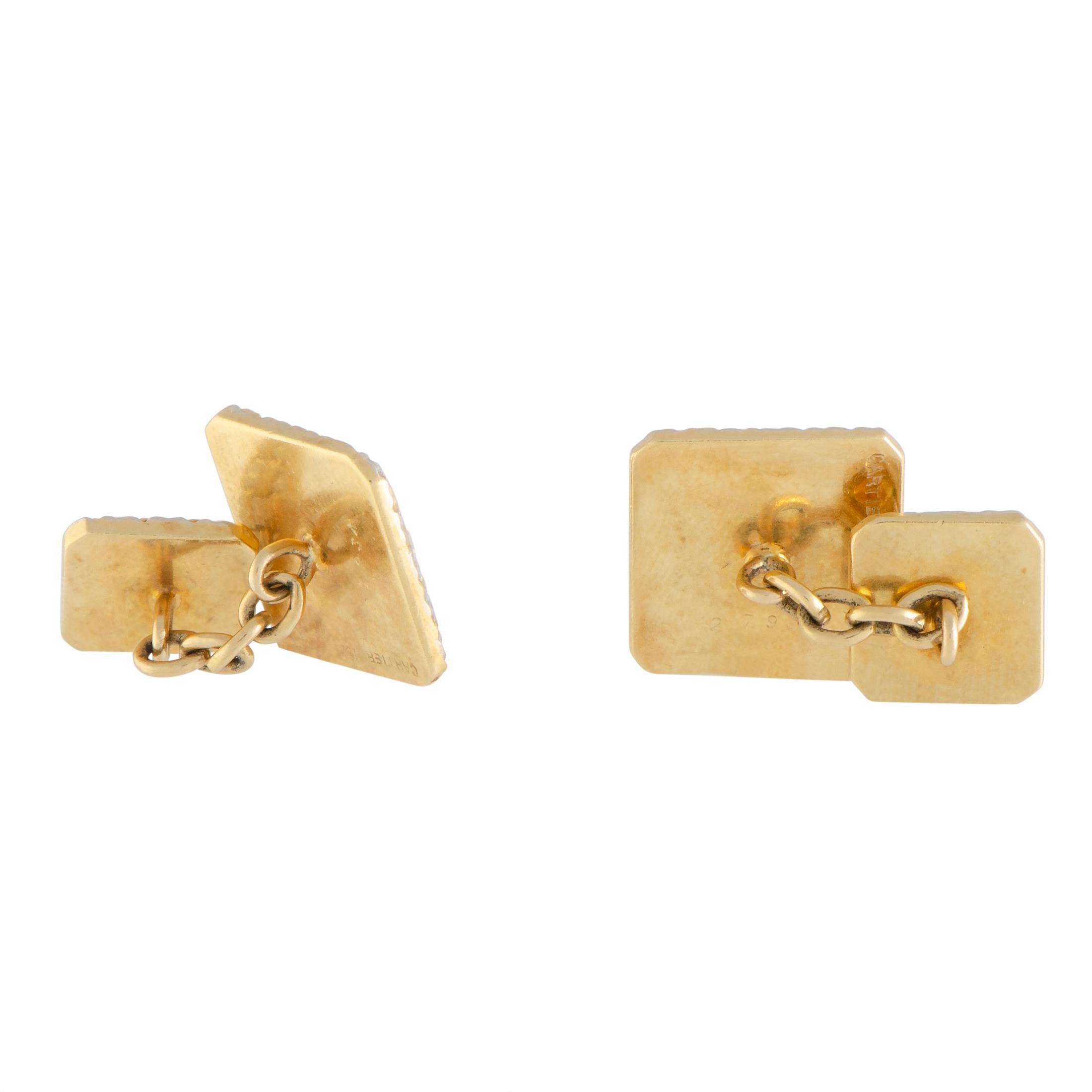 Boasting a stunningly prestigious “woven” design that compels with its attractive yet distinctly understated appeal, these exquisite vintage cufflinks offer an exceptionally classy appearance. The pair is presented by Cartier and crafted from 18K