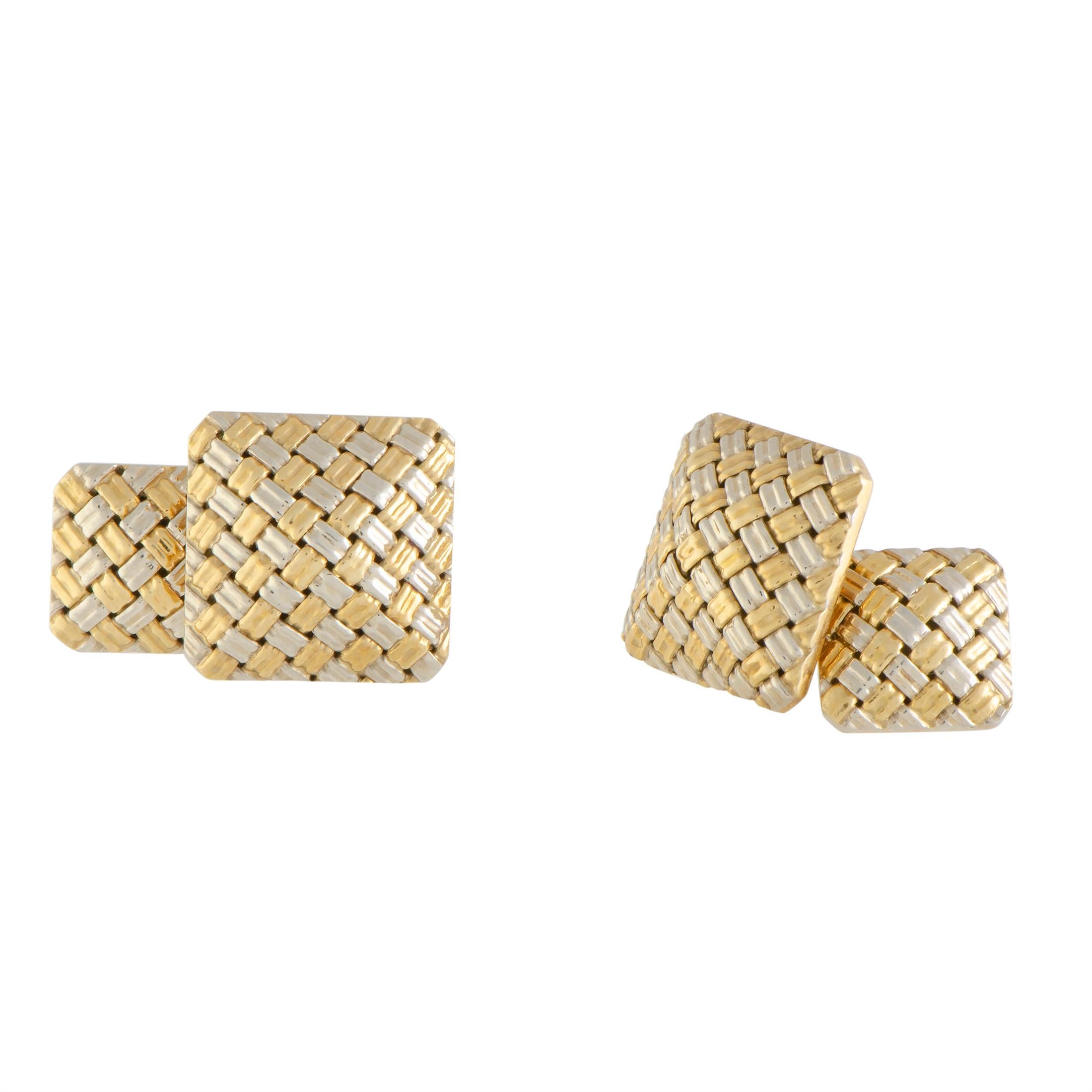 Cartier Vintage Yellow and White Gold Basket Weave Square Cufflinks