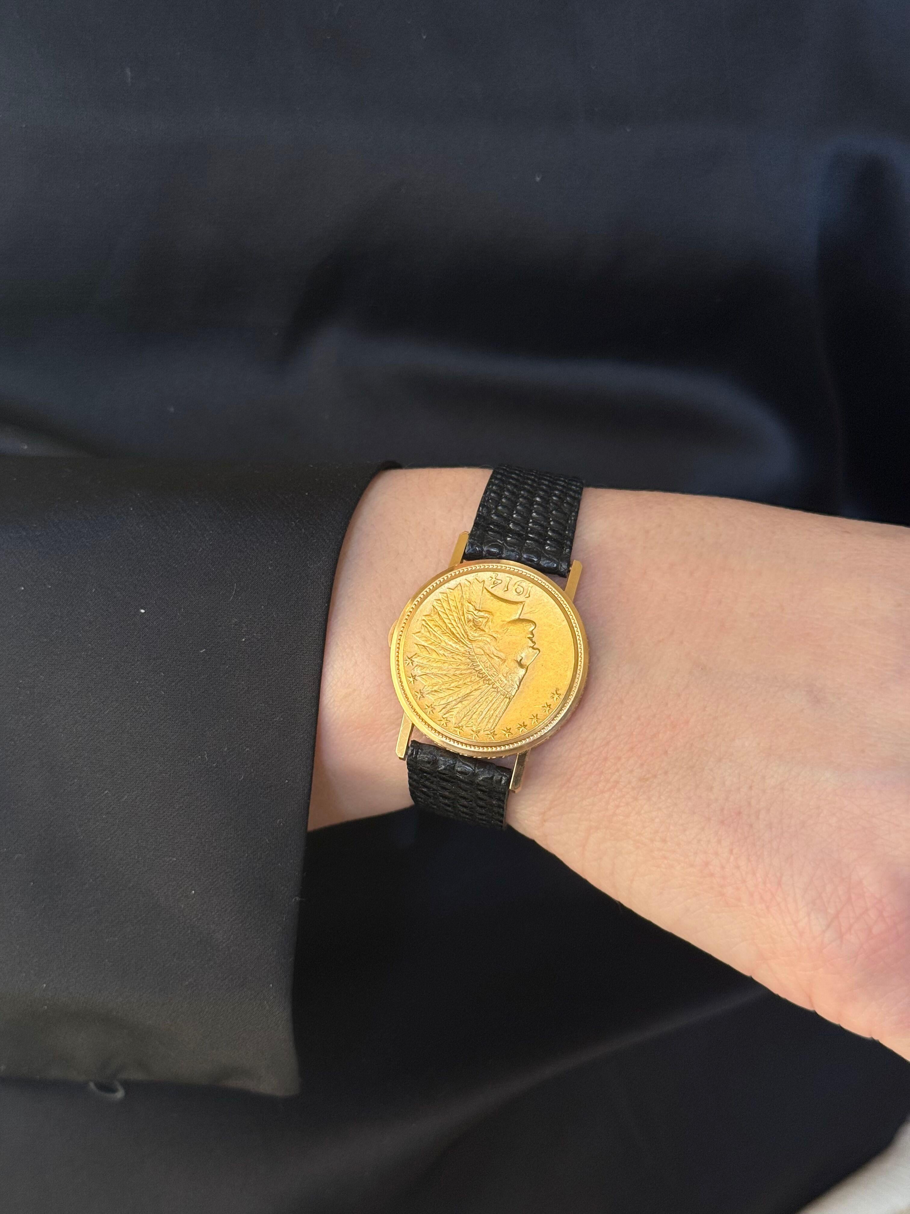 Eine Cartier-Uhr aus 18-karätigem Gold, eingebettet in ein Gehäuse für eine 10-Dollar-US-Münze von 1914 mit indischem Kopf. Der Durchmesser beträgt 30 mm. Band ist nicht original/nicht Gold - 8