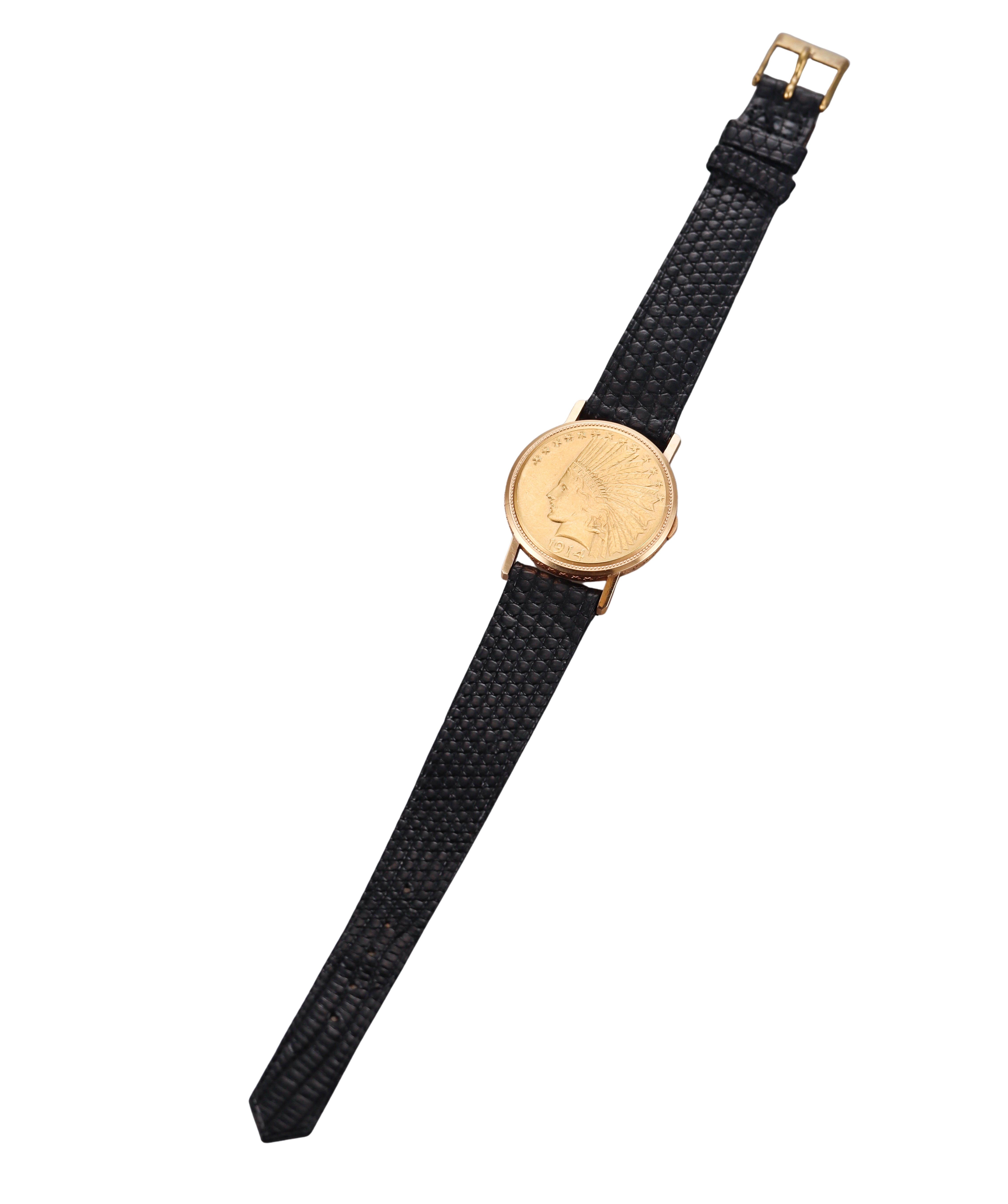 Cartier Vintage Gelbgold 1914 Indischer Kopf 10 Dollar US Münzuhr, Vintage für Damen oder Herren im Angebot