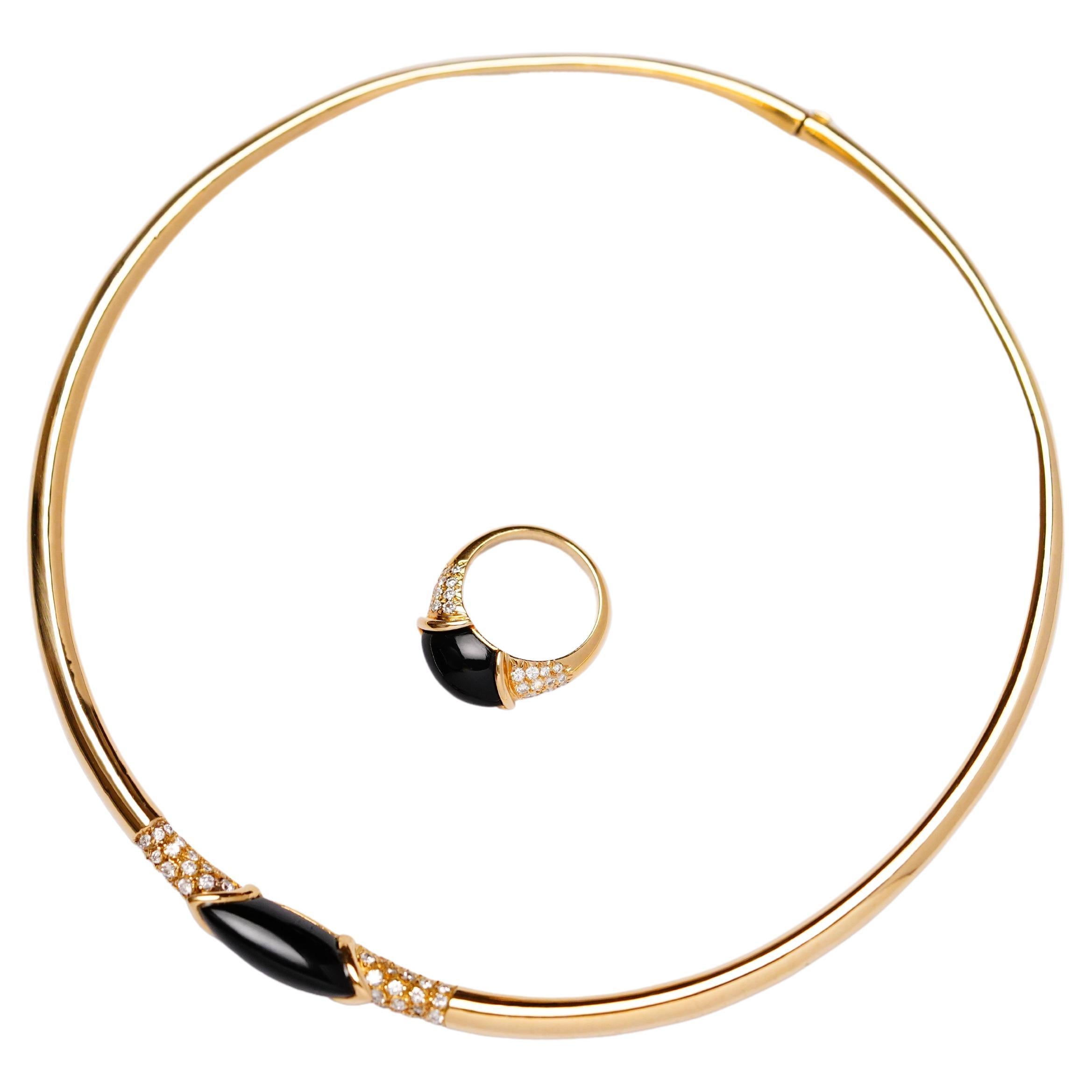 Cartier Vintage Yellow Gold Black Onyx Diamond Ring and Collar Necklace Set For Sale