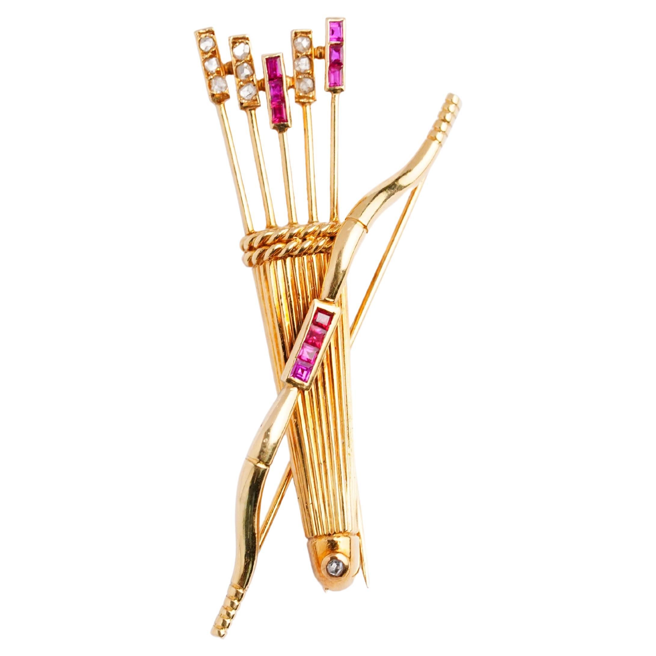 Cartier Vintage Yellow Gold Diamond Ruby Bow and Arrows Pin Brooch For Sale